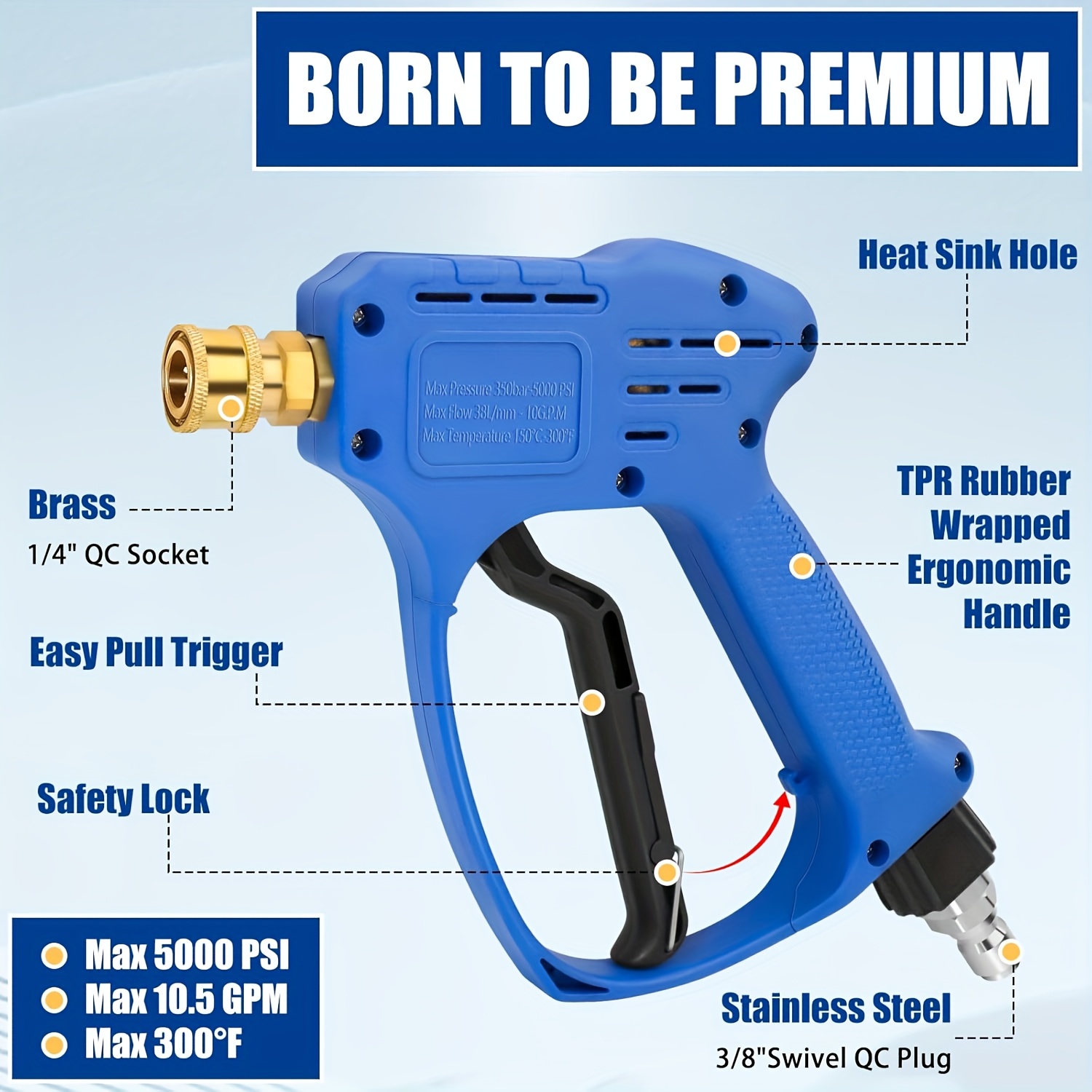 5000 PSI High-Pressure Washer Gun with 3/8" Yard Firm Swivel Quick Connect Plug, M22-14mm/15mm Adapter, 5 Spray Nozzle Tips - Durable Copper Construction, Ergonomic Handle & Safety Lock for Efficient Cleaning, Pressure Washer Gun, Robust Design, Sturdy Construction, Air Compressor For Workshop, Air Compressor For Car, Air Compressor Tool, Air Compressor Gun, Pressure/power Washer Accessory, Pressure Washer Nozzle, Pressure Washer Machine