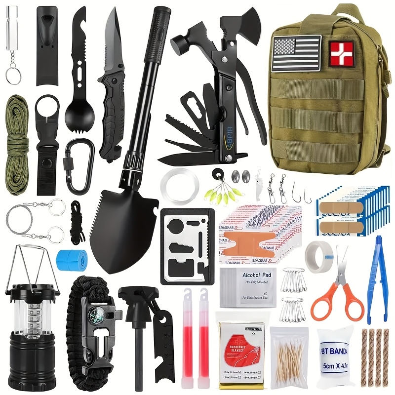 All-in-One Survival & First Aid Kit (137/170 Items) with Molle System - Heavy-Duty Outdoor Gear w/Axe, Shovel, Knife, Lantern, Paracord Bracelet-like Strap & Supplies for Camping, Hiking, Hunting, Emergency Preparedness for Men