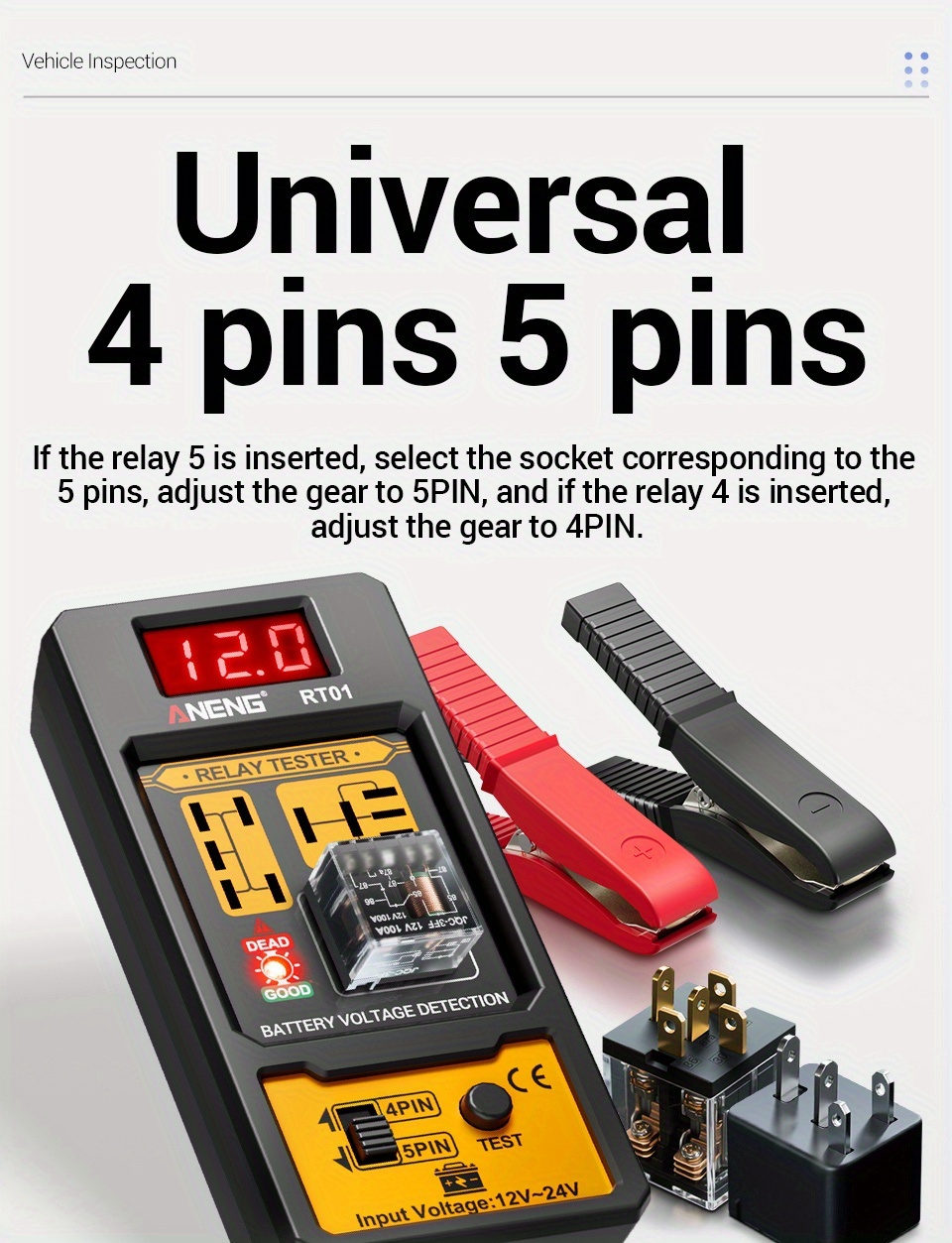ANENG Automotive relay tester RT01 voltage detector digital display voltage battery 4/ 5-pin relay  12V-24V automotive battery inspection integrated design diagnostic tools No battery, Electrical Testing Tool, Easytouse Tool, Handheld Device, Durable Construction, Precision Instrument, Repair Professionals, Diy Enthusiasts