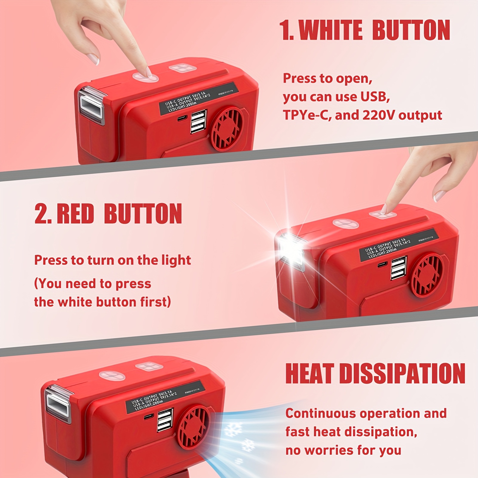 200W Portable Power Inverter 12V/24V/18-21V Battery to 230V AC with Dual USB & Type-C Outlets, 200LM Emergency Flashlight, Compact Car Adapter for Camping, RV, Backup Power - Compatible with (No Inverter Dock Needed)