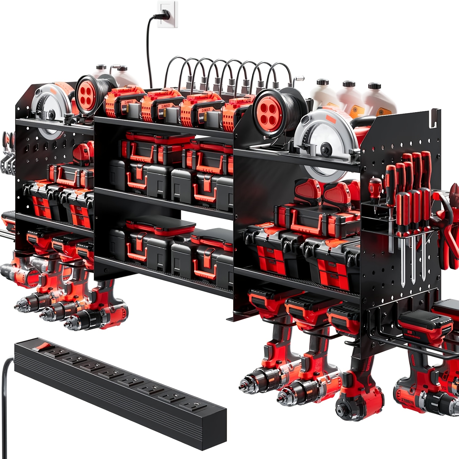 Heavy-Duty Yard Firm Metal Garage Workshop Organizer - Wall Mounted Tool Storage Rack with Charging Station, 6.5ft Power Strip, Drill Holder - Space-Saving Garage Organization System, No Wiring Needed, for Drills, Batteries, Tools - Ideal for Professional & Home Workshops, Compact Design, Durable Construction, DIY Enthusiasts, Storage Racks