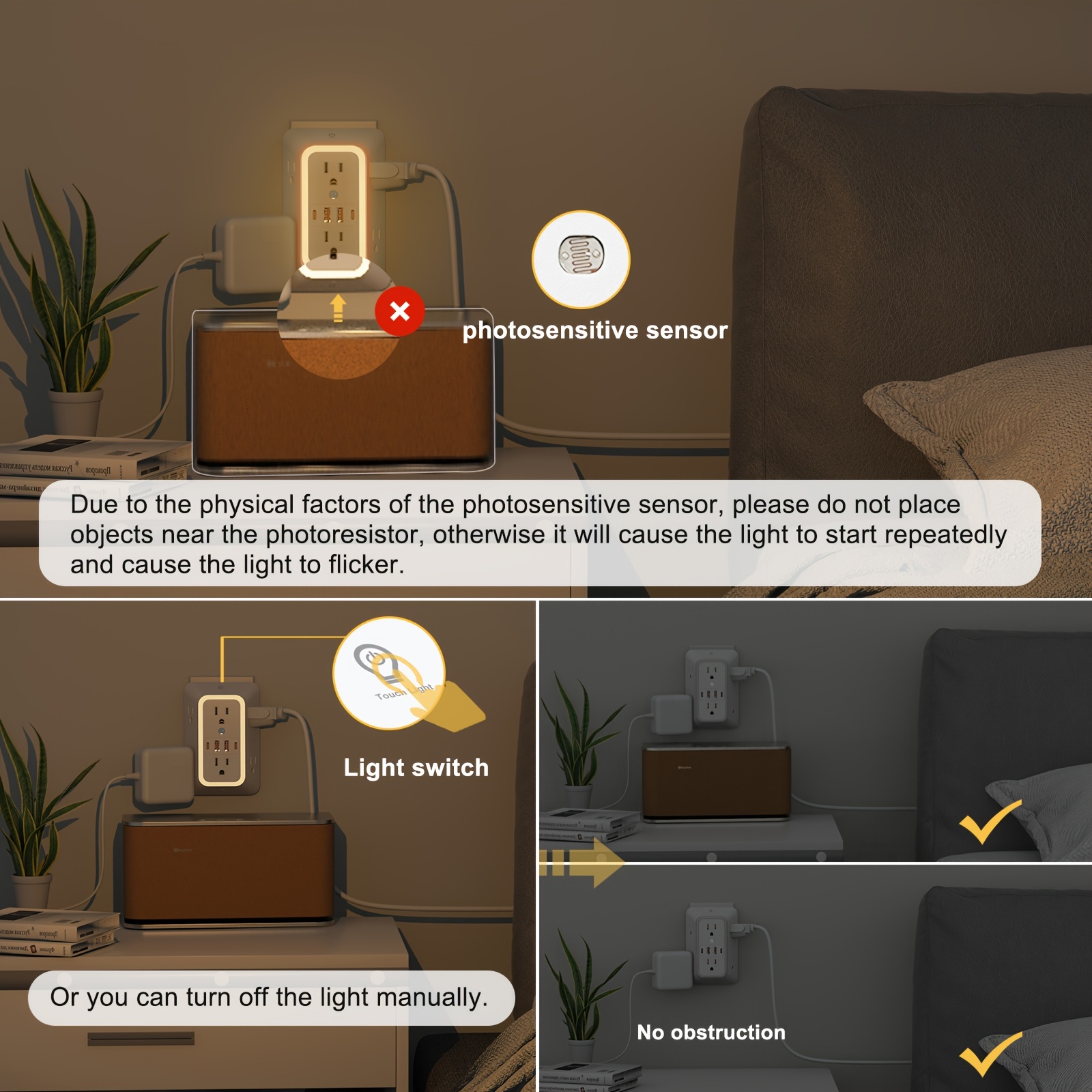 Multi Plug Outlet - 6 Wide AC Outlets and 4 USB Ports (2 Type-C), Surge Protection Extender with Night Light, US Plug, 3-Sided Design USB Wall Charger for Home Travel Office