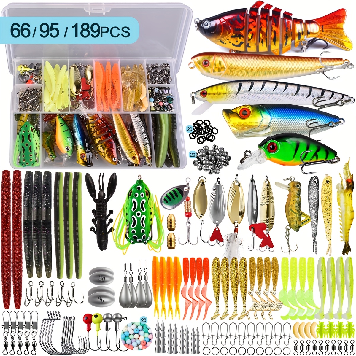66/95/189pcs of Lure Bait Set Fake Bait Lure Bait Yard Firm Full Set of Sequins Soft Bait Upturned Frog Minnow Bait Combination