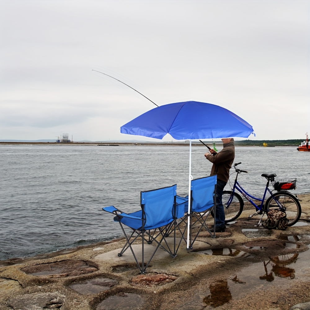 [Portable Folding Chair] 2-Seat Portable Folding Chair with Removable Yard Firm Sun Umbrella | Outdoor Blue