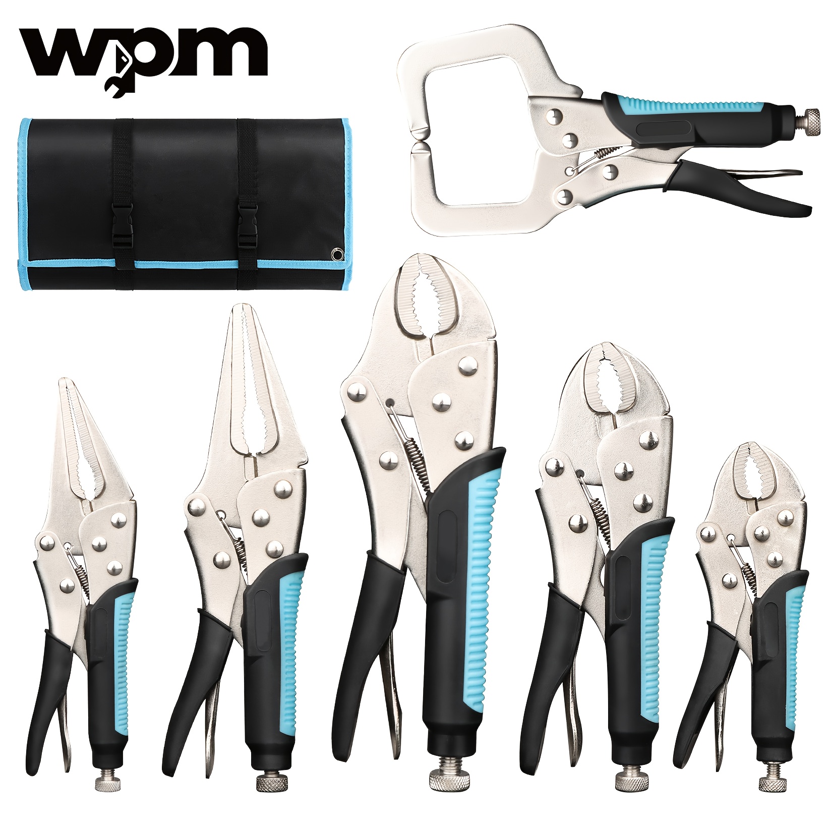 [6pcs Locking Pliers Set] Yard Firm 6pcs Locking Pliers Set | 5", 7" & 10" Curved Jaw, 6-1/2" & 9-1/2" Long Nose, 6" C-Clamp | Two-Color TPR Handle, Roll Up Pouch Included