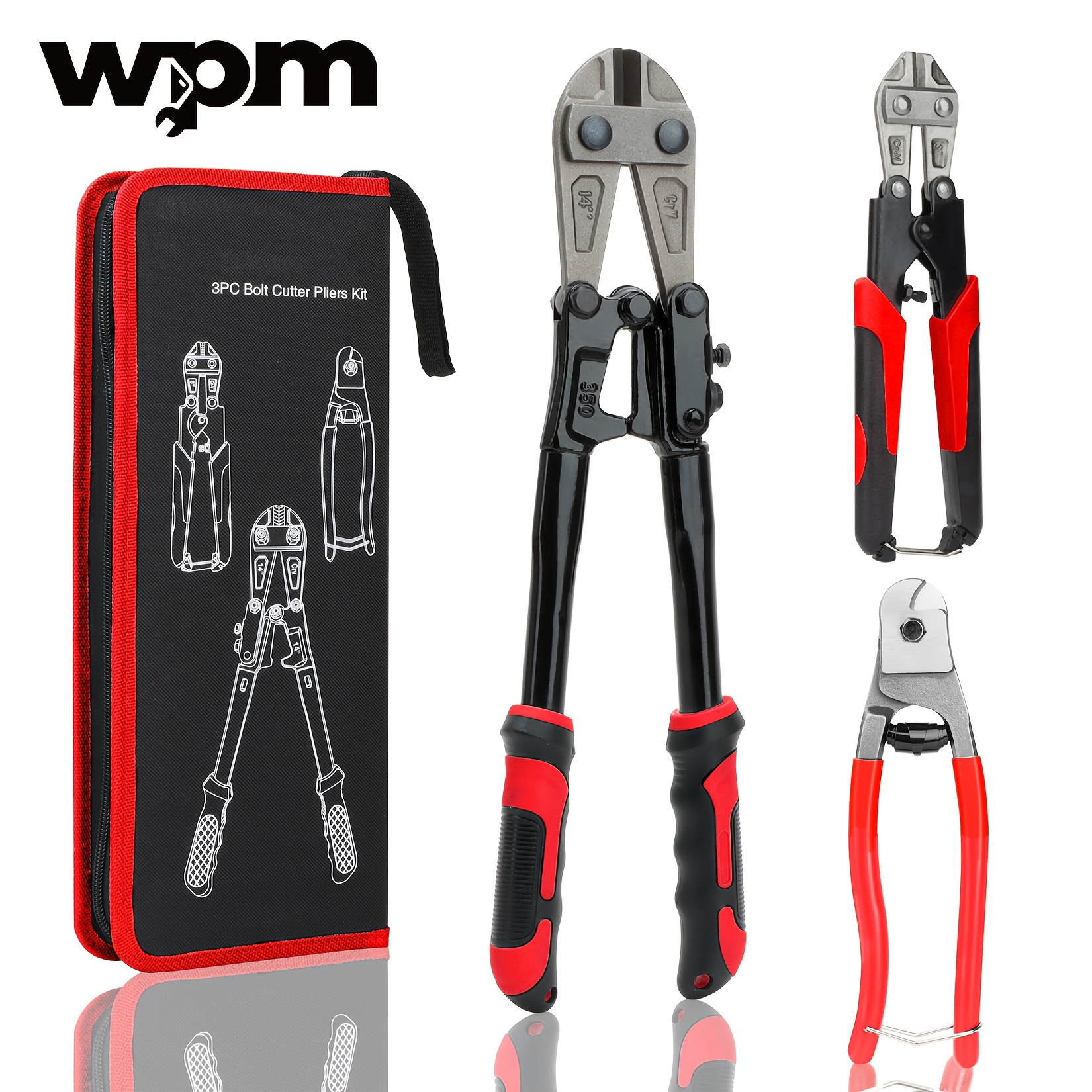 3pcs Bolt Cutters, 14" Heavy Duty Yard Firm Bolt Cutter, 8" Mini Bolt Cutter, 8" Wire Rope Cutter, Ergonomic Handle, More Efficient Leverage For Cutting Locks, Chains, Iron Wire, Carrying Case Included