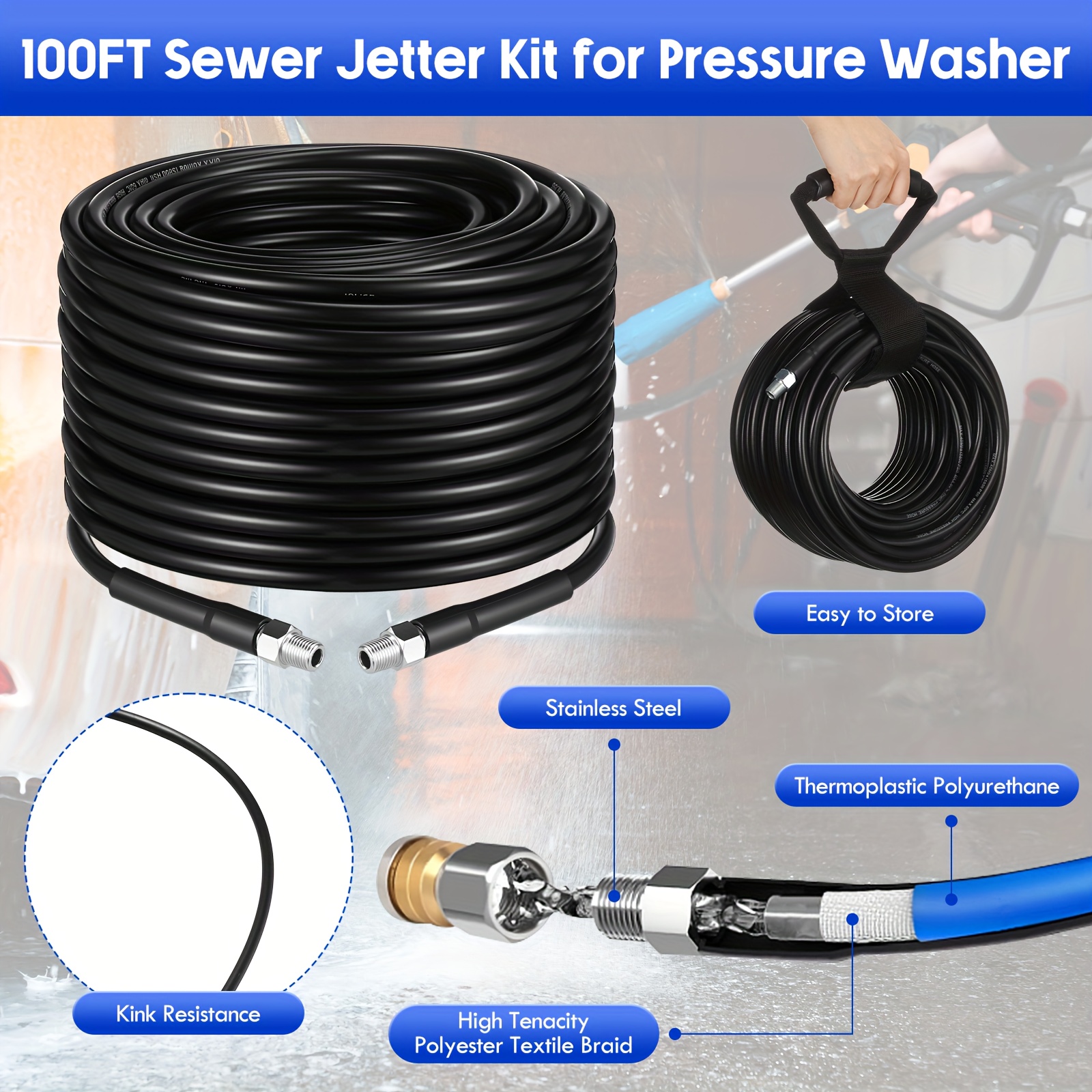 100ft Sewer Jetter Kit for Pressure Washer 5800psi Drain Cleaner Hose 1/4 Inch Npt Corner Rotating And Button Nose Sewer Jetting Nozzle Pearl Corsage Pin Waterproof Tape Glove Strap Spanner, Sewer Line Maintenance, Drain Cleaning Solution, Jet Nozzles Kit, Pressure Washer Accessory, Compact Jet Nozzles, Ergonomic Jetter Grip, Durable Plastic Construction, Waterproof Components
