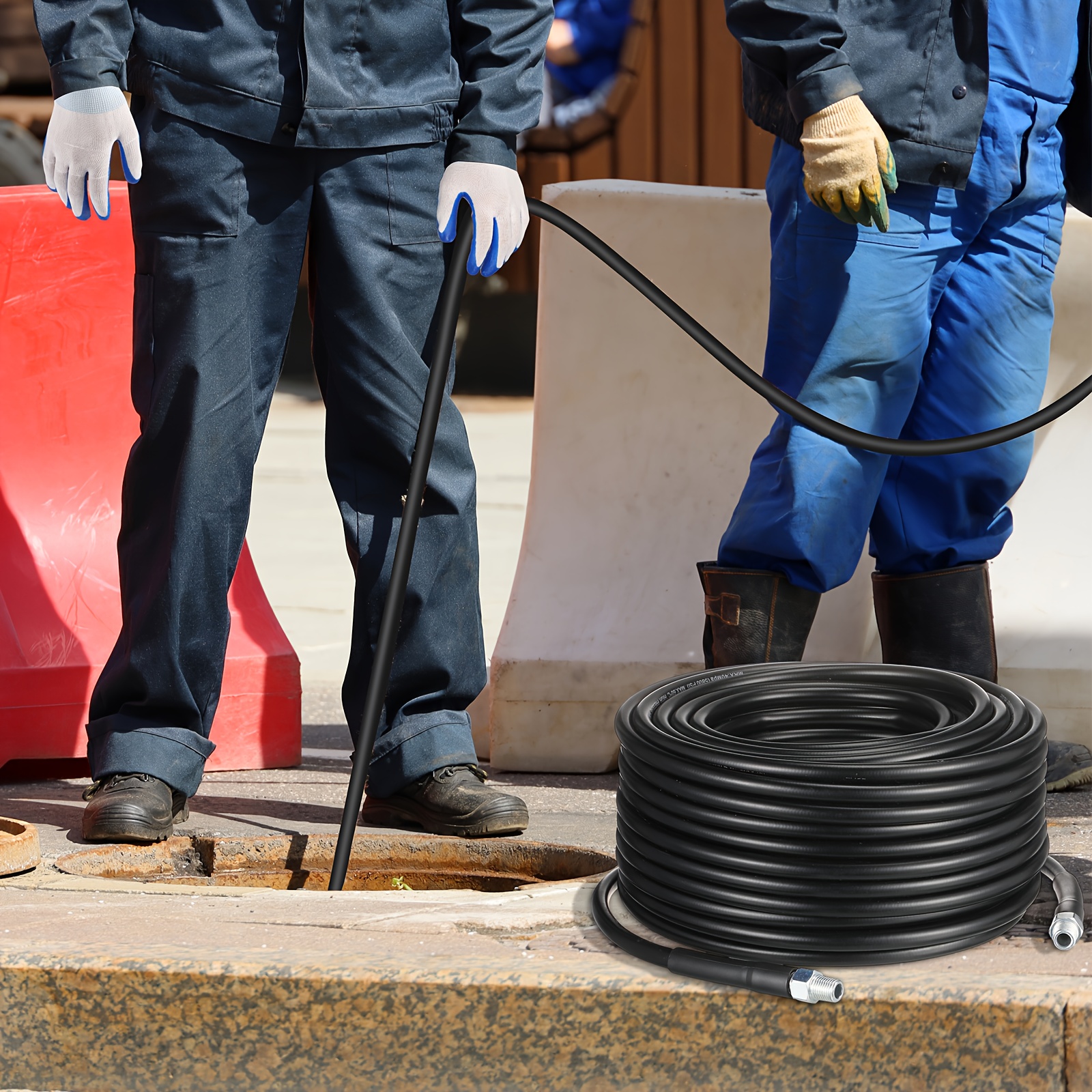 100ft Sewer Jetter Kit for Pressure Washer 5800psi Drain Cleaner Hose 1/4 Inch Npt Corner Rotating And Button Nose Sewer Jetting Nozzle Pearl Corsage Pin Waterproof Tape Glove Strap Spanner, Sewer Line Maintenance, Drain Cleaning Solution, Jet Nozzles Kit, Pressure Washer Accessory, Compact Jet Nozzles, Ergonomic Jetter Grip, Durable Plastic Construction, Waterproof Components