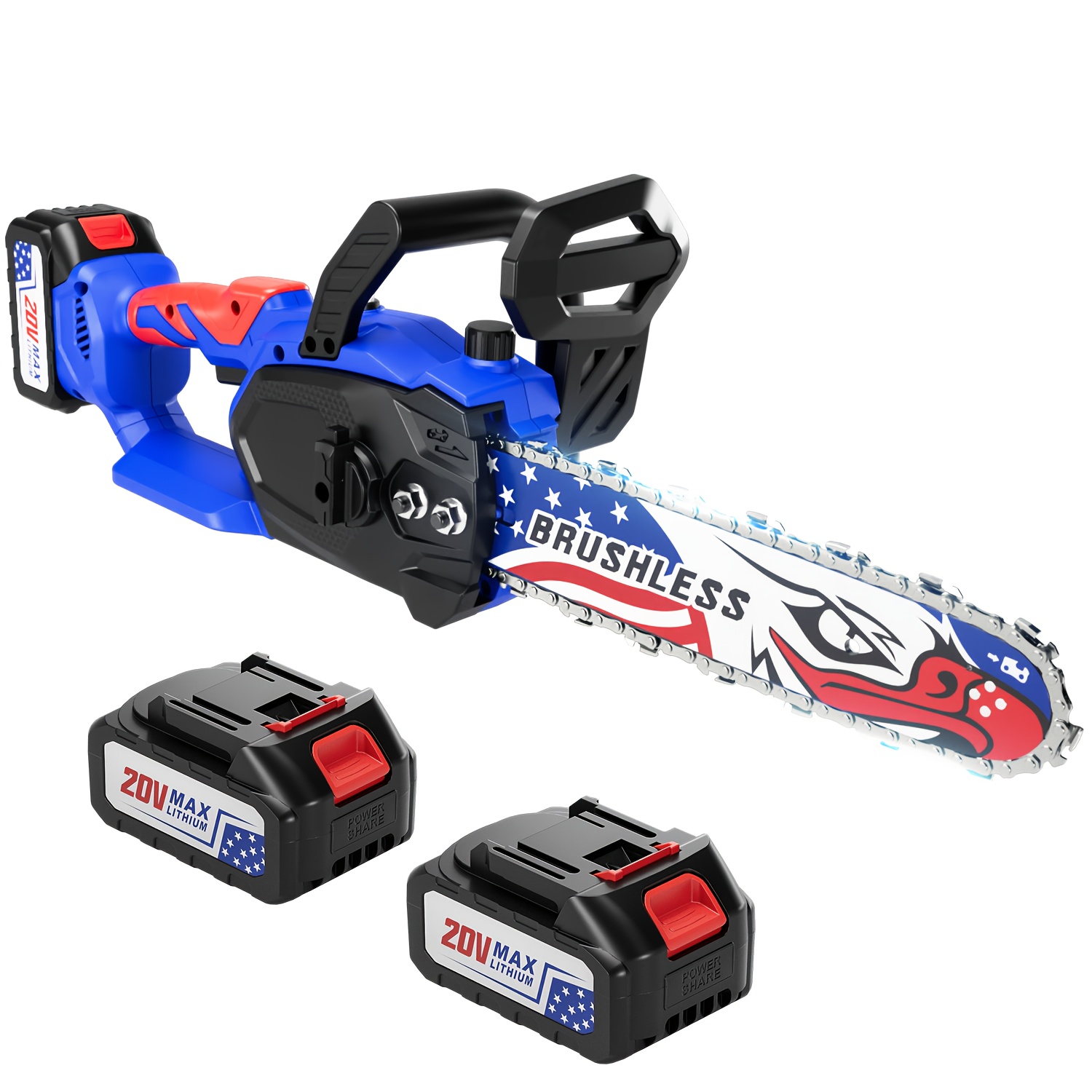 12-Inch Cordless Chainsaw with 20V Brushless Motor & 2x4.0Ah Batteries - Yard Firm Lightweight Handheld Saw for Wood Cutting, Branch Pruning, Gardening - Fast Charger & Safety Lock - Perfect Father's Day/Christmas Gifts for Men/Dad, Wood Cutting Tools, Patriotic Tool Design, Sturdy Metal Construction, DIY Woodworking, Compact Design, Highperformance Motor, Home Gardeners, Best for Christmas