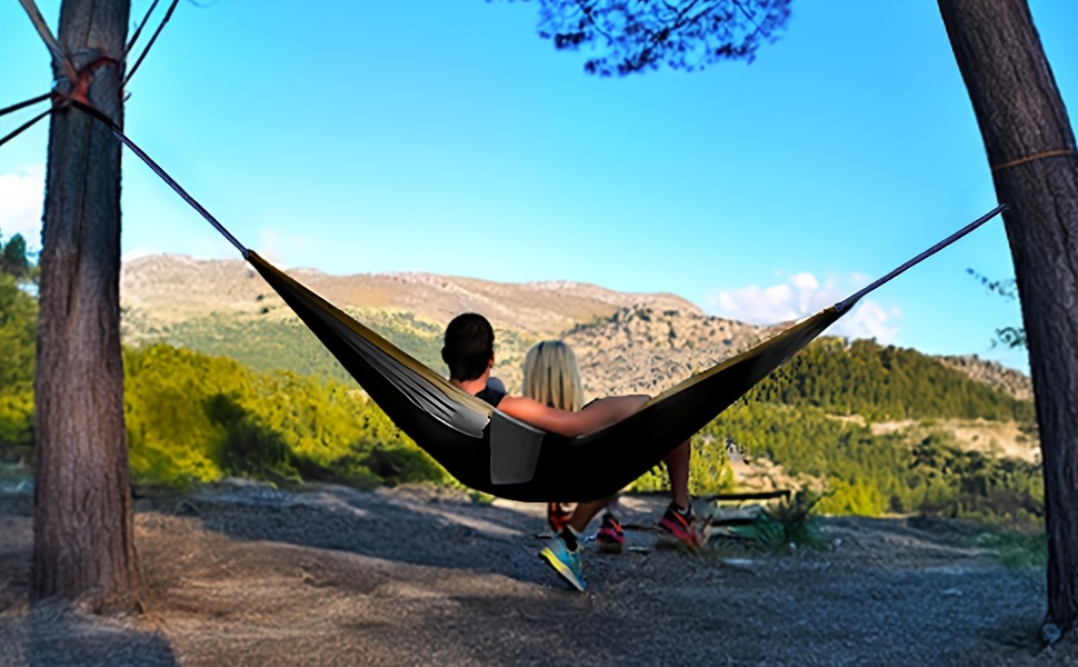 Extra Large Double Camping Hammock, 118.11inch x 78.74inch (118.11*78.74inch), Includes Two 78.74inch Tree Straps, Two D-Shaped Stainless Steel Hooks, and a Storage Bag with 8+1 Rings per Strap, Portable Hammock Made of 210T Nylon Material. Easy to Install, Suitable for Camping