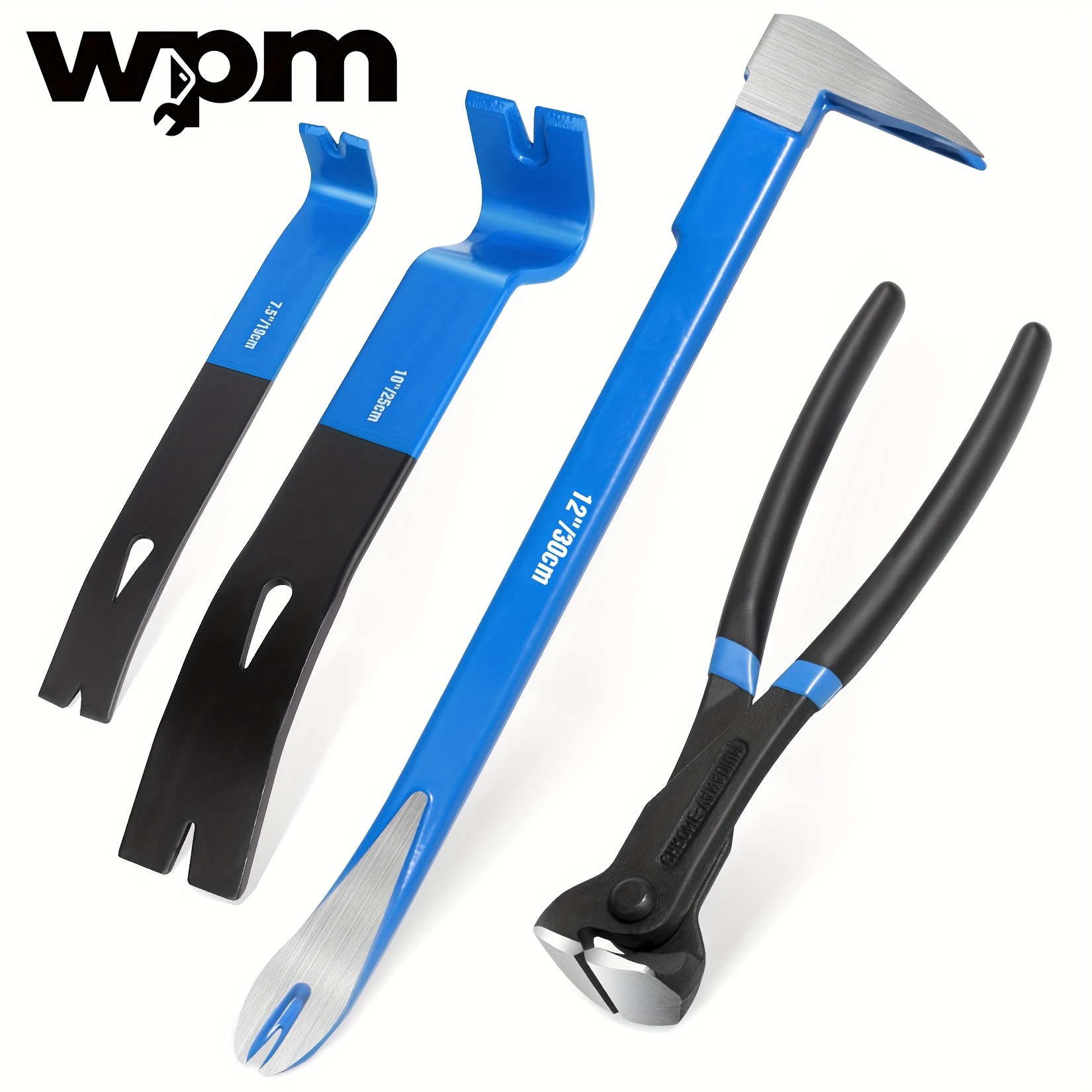 4pcs Heavy-Duty Pry Bar Set with Yard Firm 12-Inch Cats Paw Nail Puller, 10-Inch & 7.5-Inch Flat Claw Pry Bars, 8-Inch End Cutting Pliers & Utility Crowbar - All-in-One Manual Nail Removal Tool Kit for Baseboard, Floor, Carpentry, Demolition - Durable Metal Construction, Ergonomic Non-Slip Grip, Battery-Free Operation (No Batteries/Electrical Required) - Ideal for DIY & - Versatile Pry Bars for Nail Pulling, Cutting, and Demolition Work with Comfortable Blue Handles and Sharp Tips for, Crow