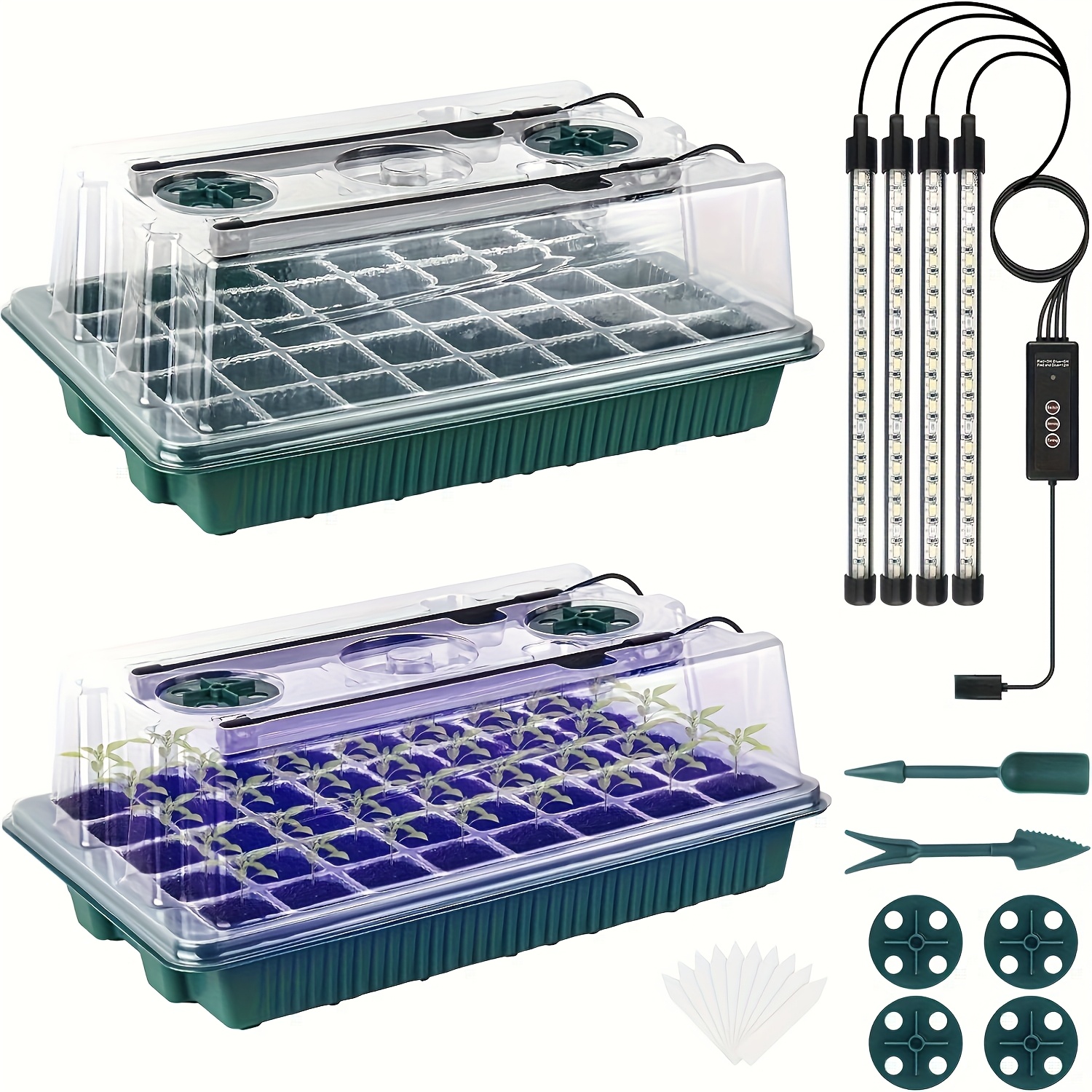 40-Cell Seed Starter Kit 2pcs - Reusable, Thickened Germination Trays with Full-Spectrum LED Grow Light, Yard Firm Auto Timer, Humidity Dome & Drain Holes to Prevent Root Rot for Hydroponics, Indoor Gardening, Commercial Propagation