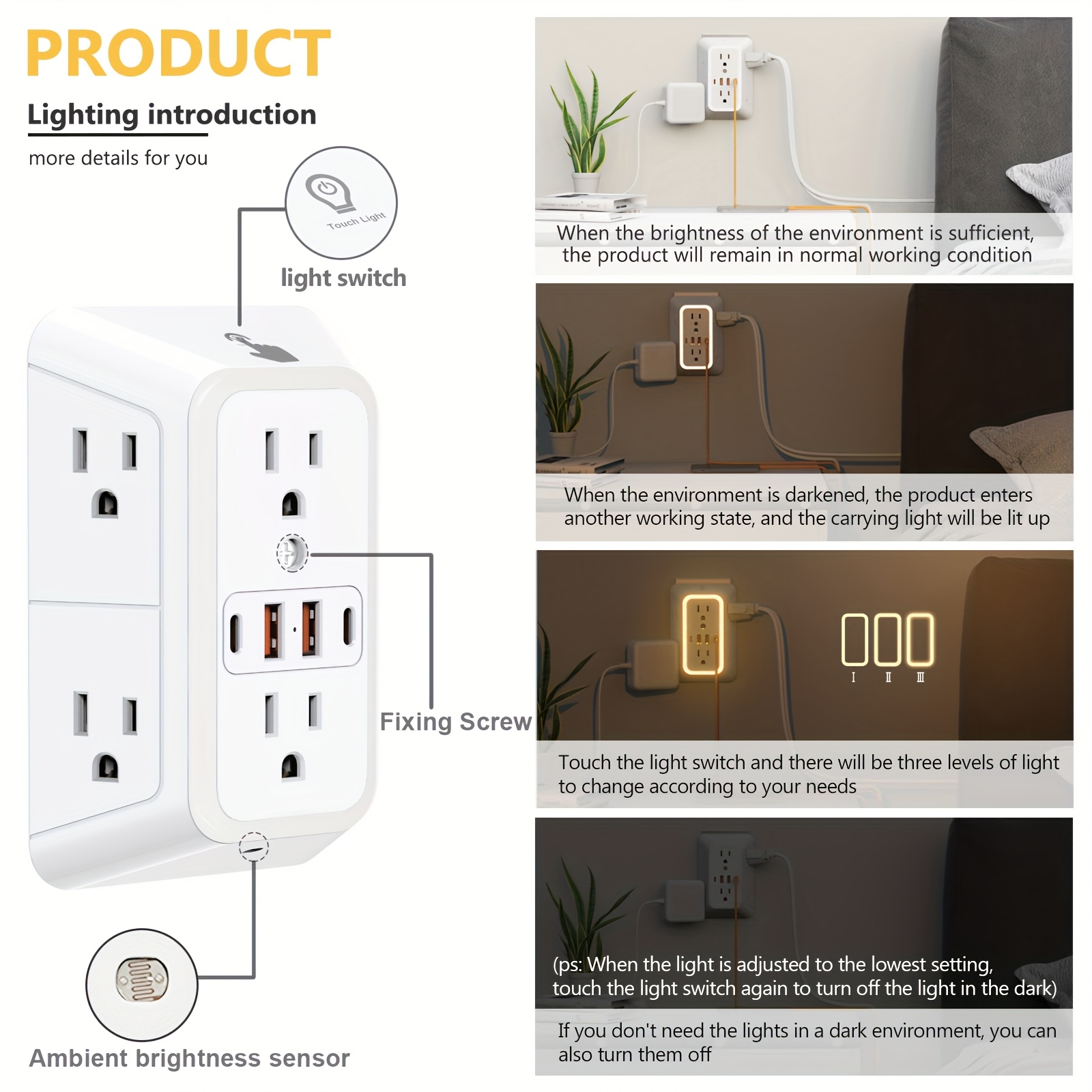 Multi Plug Outlet - 6 Wide AC Outlets and 4 USB Ports (2 Type-C), Surge Protection Extender with Night Light, US Plug, 3-Sided Design USB Wall Charger for Home Travel Office