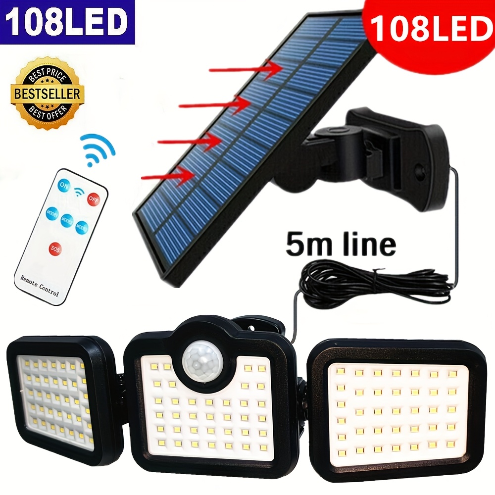 Solar Outdoor Light With Remote Control, Yard Firm 3-Head Motion Sensor Lamp, 5000 Lumens 108 LEDs Safety Light, 270° Wide Angle Floodlight, Wall Lights In 3 Modes For Patio, Garden, Shed, Garage
