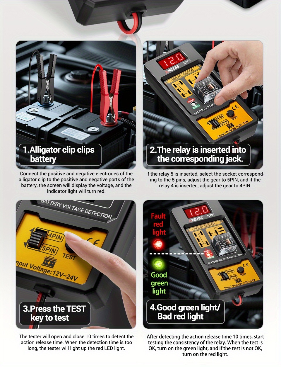 ANENG Automotive relay tester RT01 voltage detector digital display voltage battery 4/ 5-pin relay  12V-24V automotive battery inspection integrated design diagnostic tools No battery, Electrical Testing Tool, Easytouse Tool, Handheld Device, Durable Construction, Precision Instrument, Repair Professionals, Diy Enthusiasts