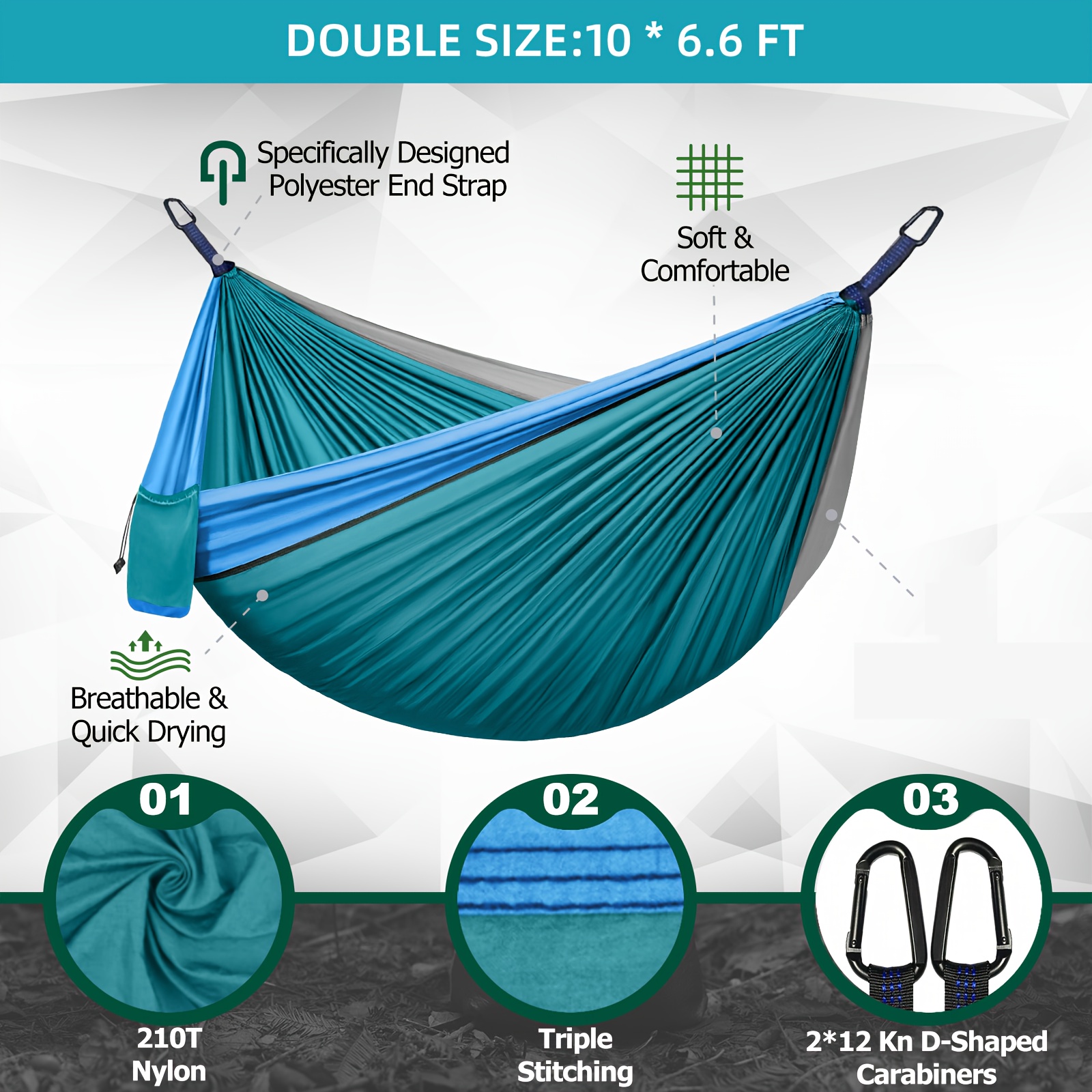 Extra Large Double Camping Hammock, 118.11inch x 78.74inch (118.11*78.74inch), Includes Two 78.74inch Tree Straps, Two Yard Firm D-Shaped Stainless Steel Hooks, and a Storage Bag with 8+1 Rings per Strap, Portable Hammock Made of 210T Nylon Material. Easy to Install, Suitable for Camping - Image 7