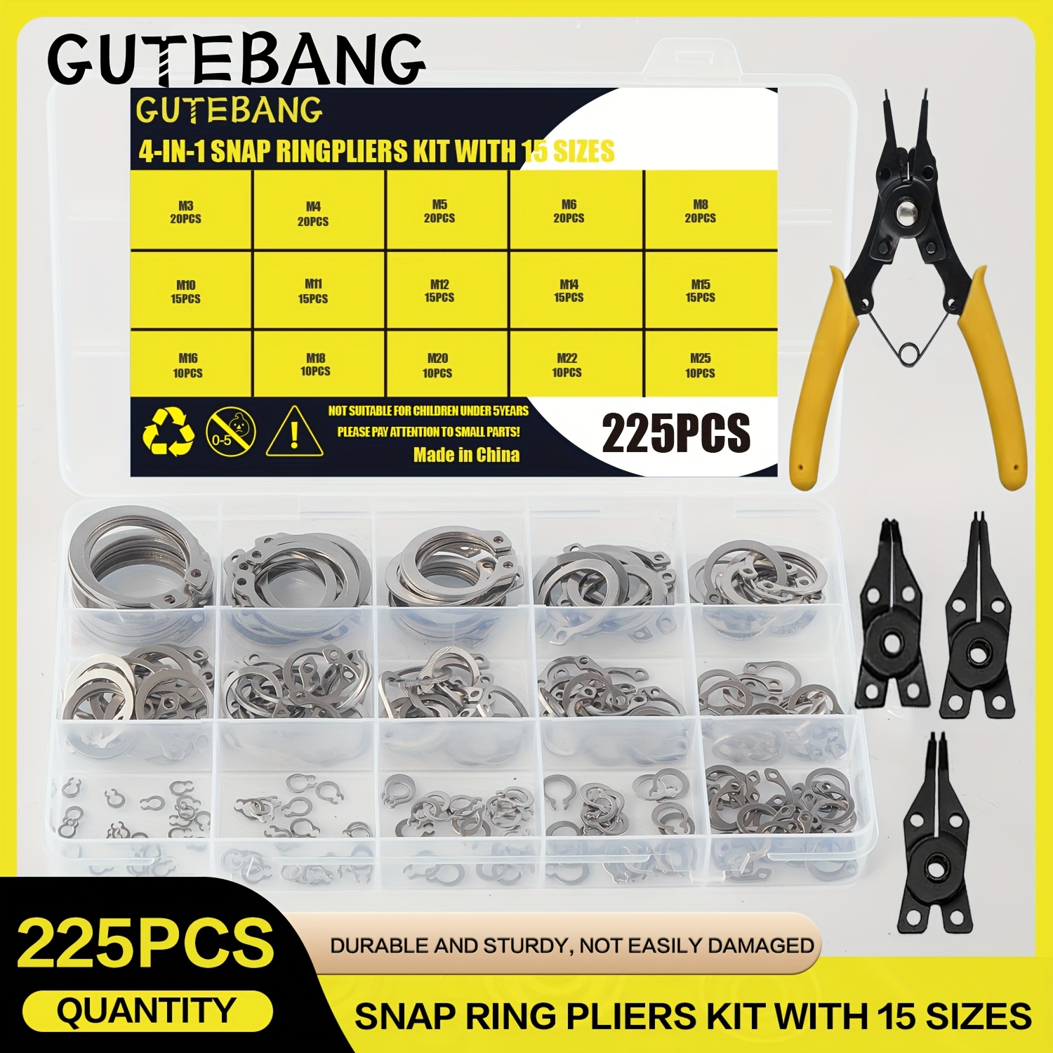 225pcs External Retaining Rings Snap Rings Assortment Kit, Yard Firm 304 Stainless Steel External C-Clip Set, 15 Sizes Circlip Snap Rings M3 - M25+(Convertible Snap Ring Pliers)