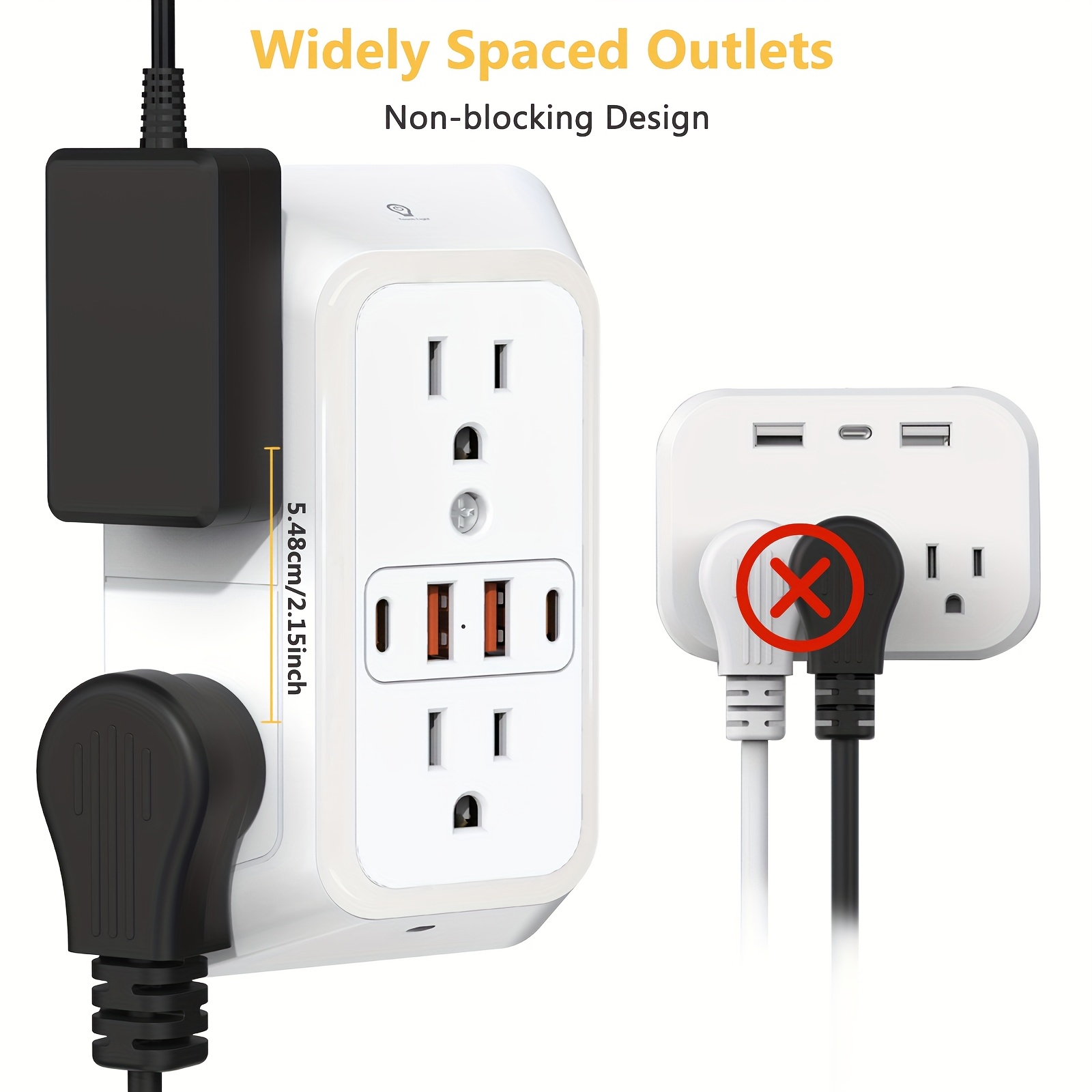 Multi Plug Outlet - 6 Wide AC Outlets and 4 USB Ports (2 Type-C), Surge Protection Extender with Night Light, US Plug, 3-Sided Design USB Wall Charger for Home Travel Office
