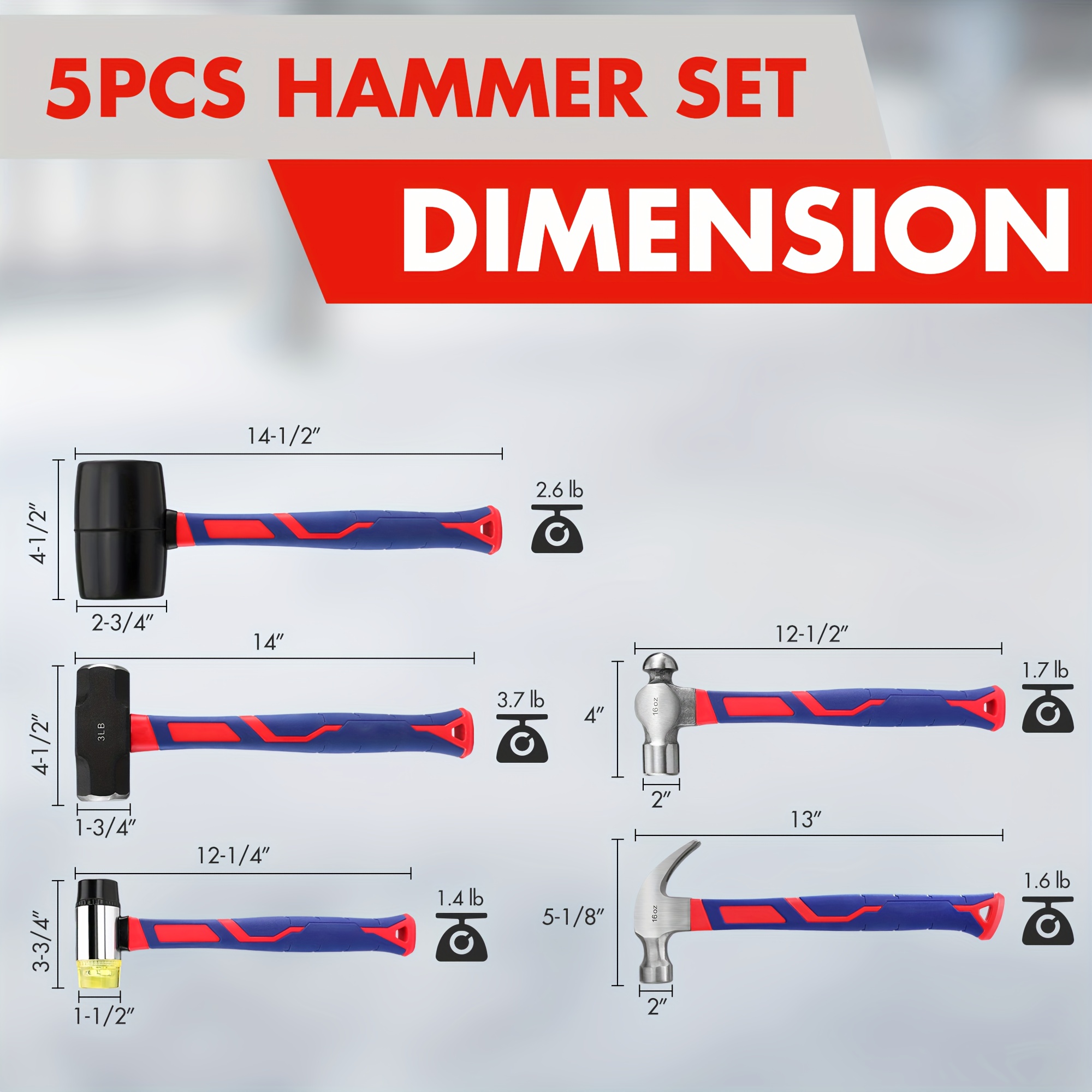 Set of Five Hammers Featuring Forged Steel Heads And Fiberglass Grips, Comprising a 32Oz Rubber Mallet, a 16Oz Claw Hammer, a Ball Peen Hammer, a 3Lb Sledgehammer, And a 22Oz Dual-Face Mallet.
