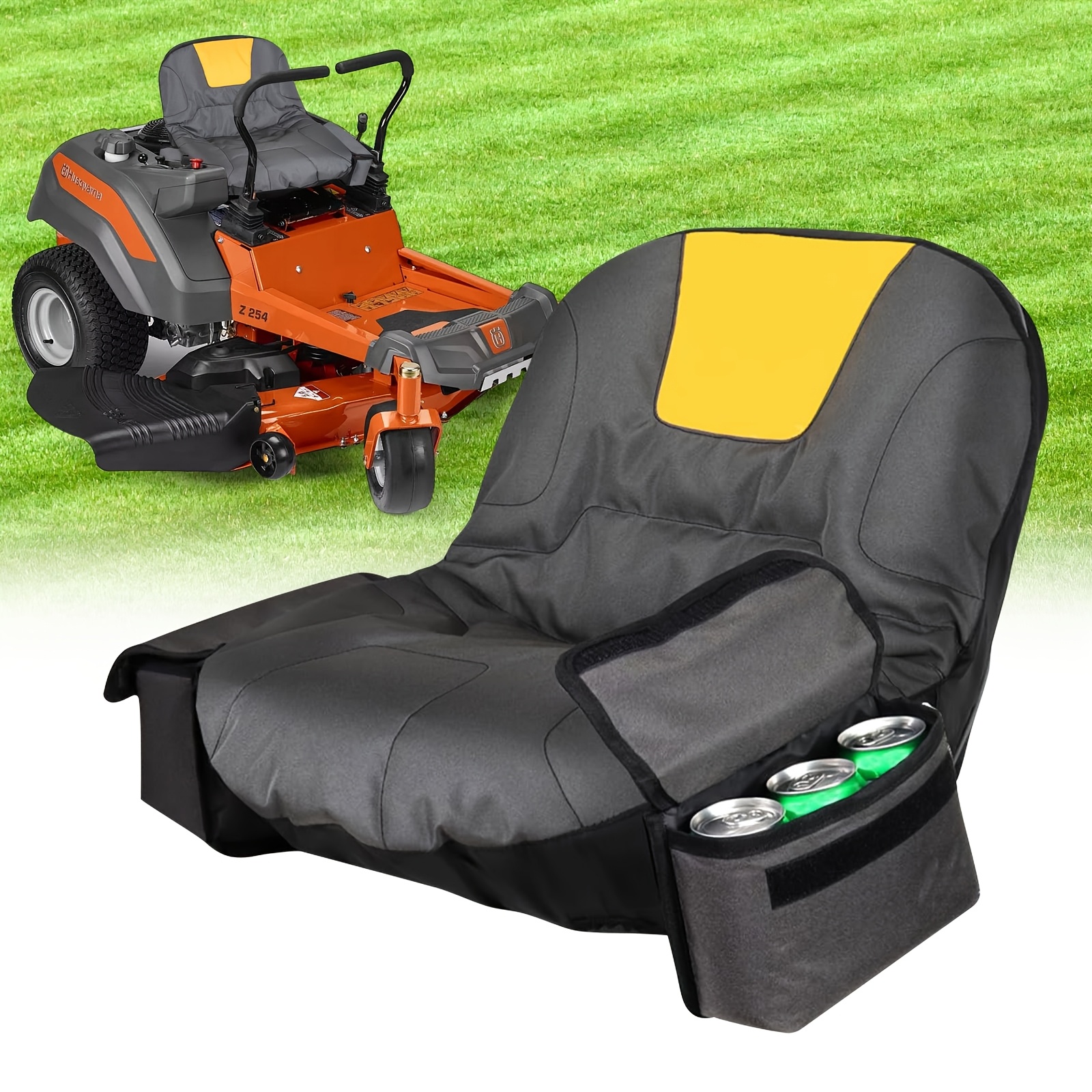 Heavy-Duty 600D Yard Firm Fabric Lawn Mower Seat Cover with Reflective Strip, Padded Cushion & Storage Pockets - Fit for Riding Mowers & Garden Tractors, All-Weather Protection, Lawn Mower Accessories