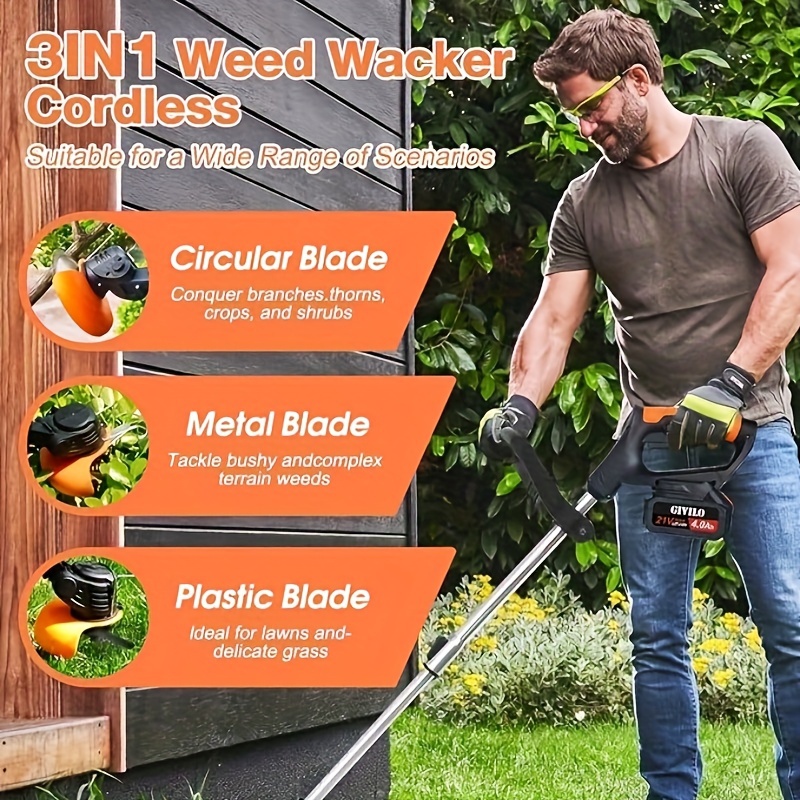 Weed Wacker 24V Brush Cutter Yard Firm, Electric Weed Wacker Cordless String Trimmer With 2 Batteries, Charger, 3 Types Blades, Weed Wacker Battery Powered, Lightweight Battery Weed Wacker - Image 6