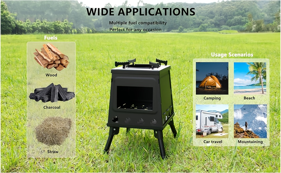 Essential Portable Campfire Stove - Heavy-Duty Outdoor Fire Stove with Vent and Sturdy Legs, Suitable for Camping, Hiking, Picnics, and BBQ - Compatible with Firewood/Charcoal, Wood Camp Stove