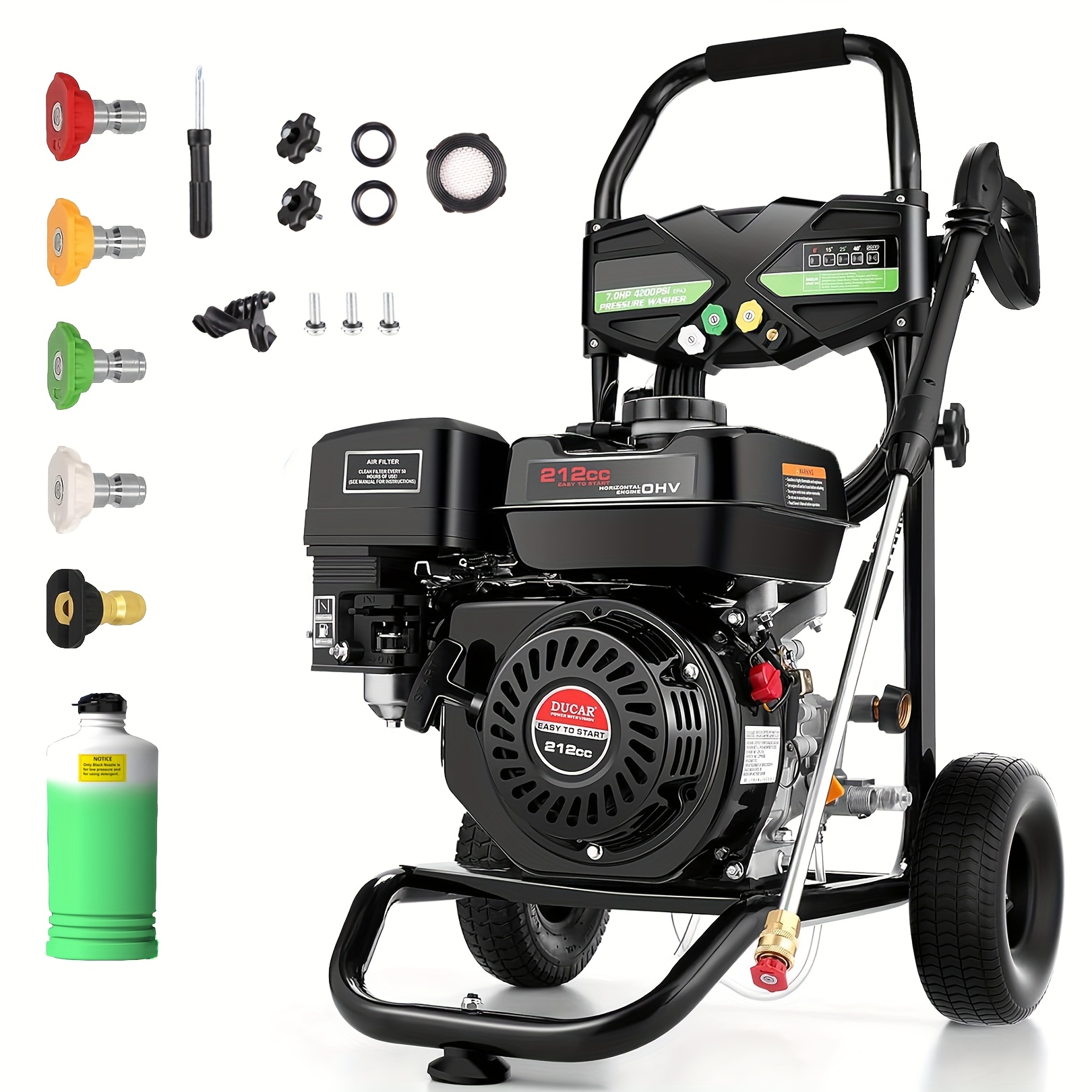 4200PSI Gas Pressure Washer, 2.8GPM Yard Firm Commercial Power Washer Gas Powered, 212cc 7.0 HP Engine, Includes 23.67oz Soap Tank, 5 QC Nozzles, 25' Hose