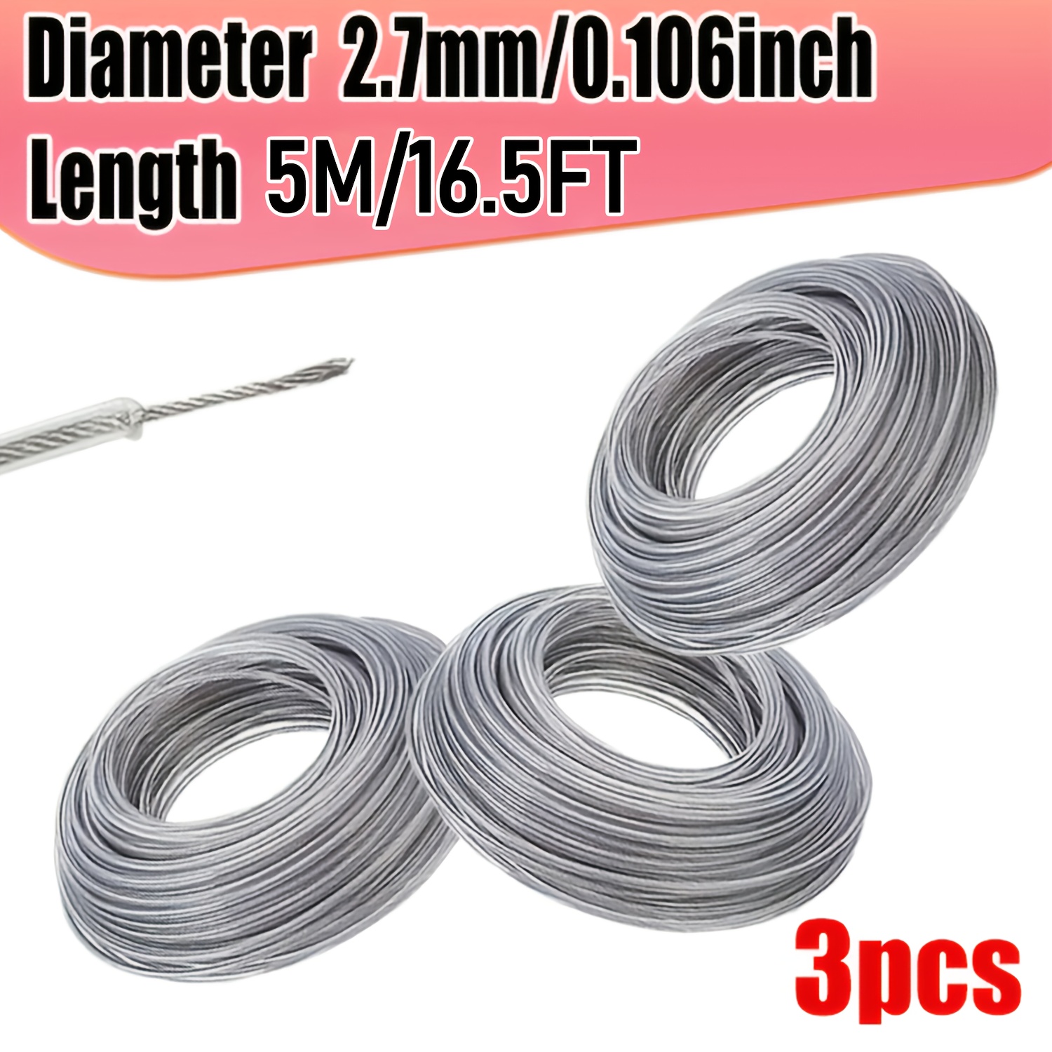3pcs Steel Wire Core Nylon Trimmer Line, 5/10m (16.40/32.8ft) - 2.0/2.7/3.5mm Diameter, Durable Lawn Mower Cord Replacement for Brushcutter, High-Efficiency Grass Cutter String, Metal Material, Lawn Mower Accessories | Durable Lawn Cord | Metallic Finish