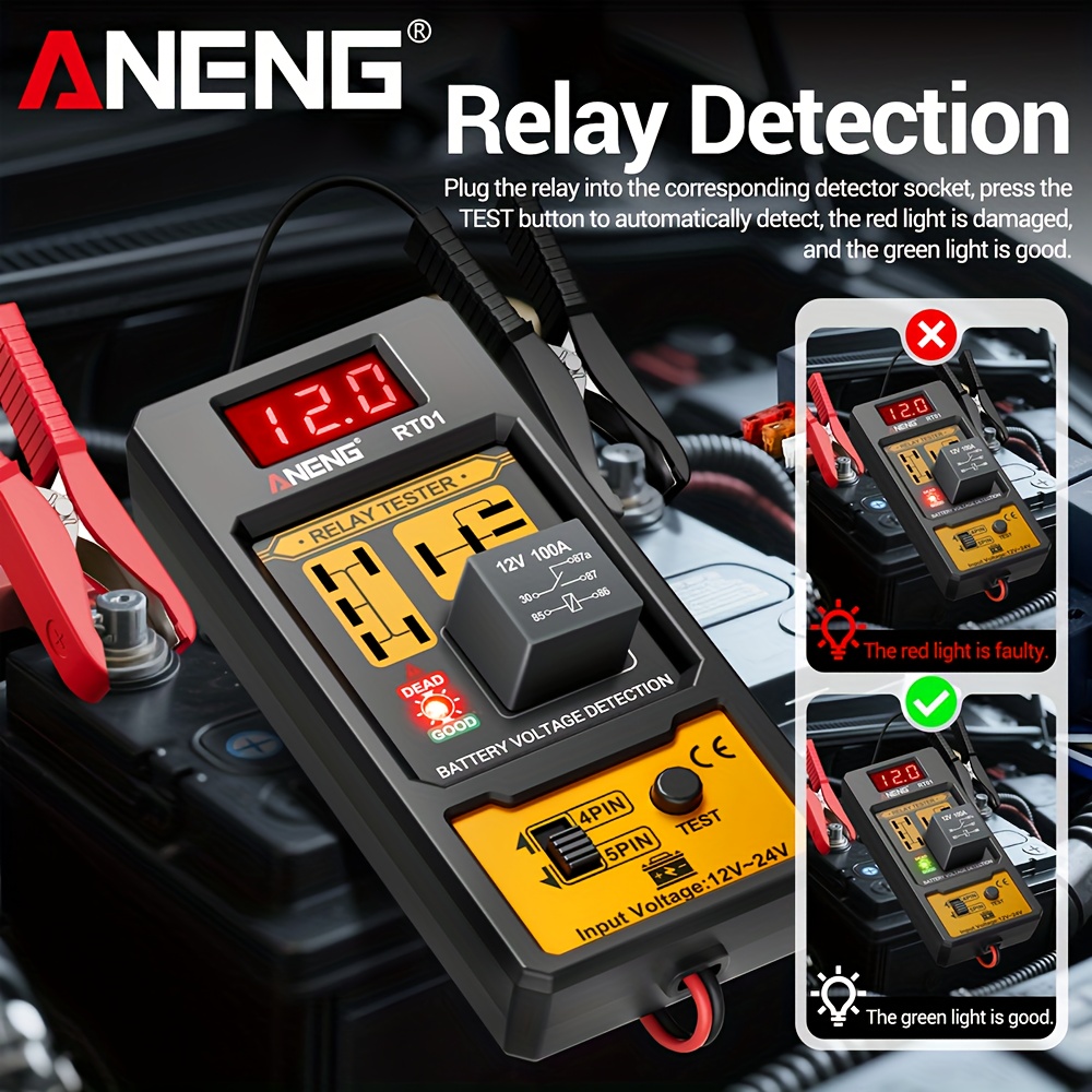 ANENG Automotive relay tester RT01 voltage detector digital display voltage battery 4/ 5-pin relay 12V-24V automotive battery inspection integrated design diagnostic tools No battery, Electrical Testing Tool, Easytouse Tool, Handheld Device, Durable Construction, Precision Instrument, Repair Professionals, Diy Enthusiasts