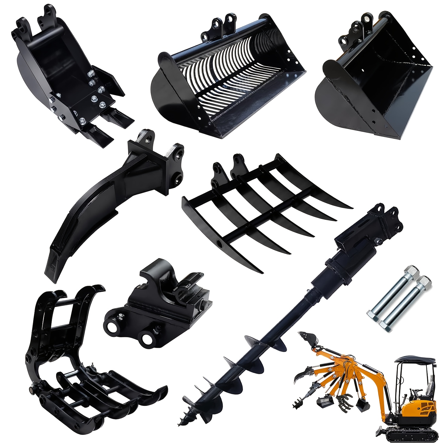 Mini Excavator Attachments 8pcs with Narrow Bucket, Ripper, Rake, Auger, Grapple, Quick Hitch, Screening Bucket for Small Digger, Mini Excavator Accessories Kit USA Stock