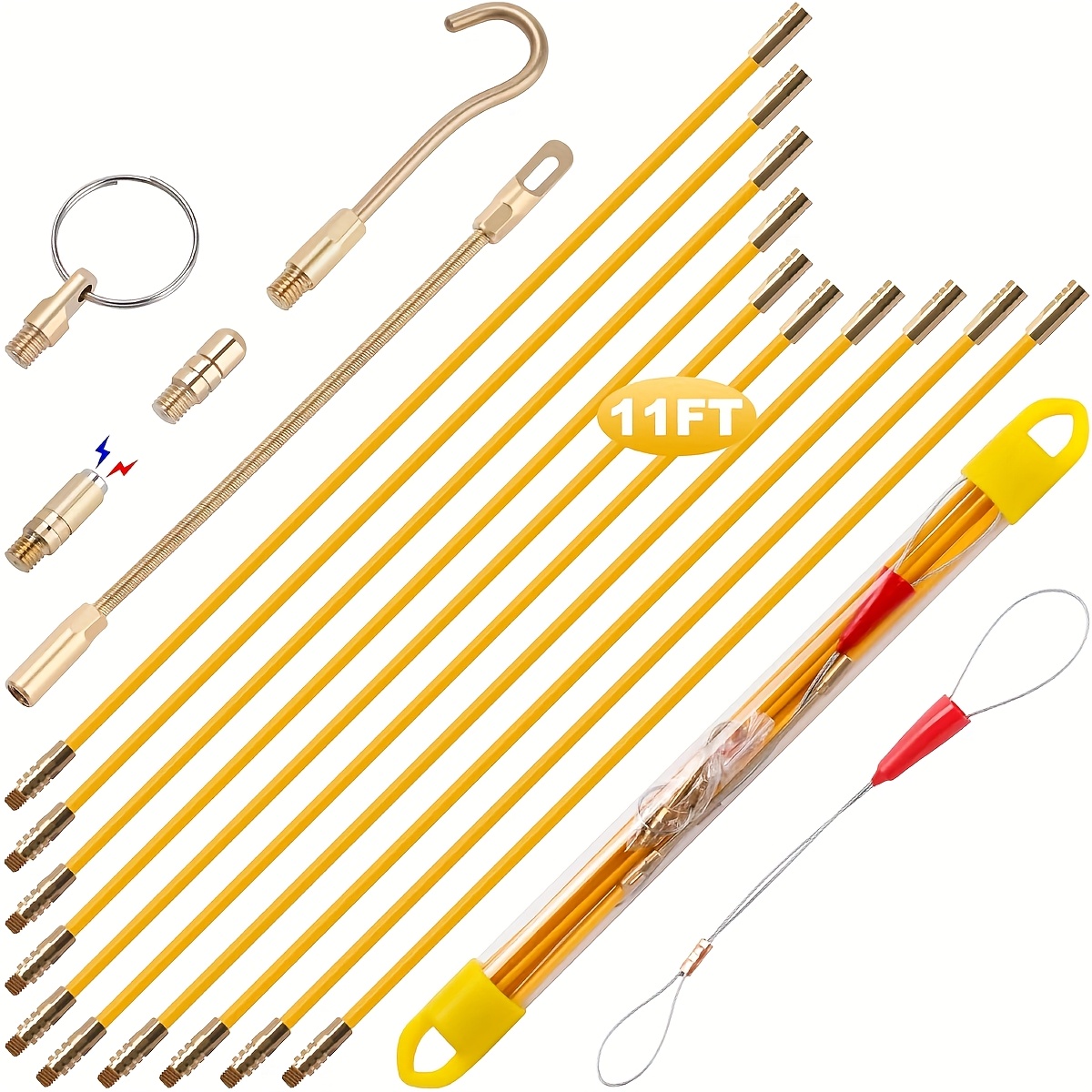 11' Fiberglass Running Electrical Wire Cable Pulling Yard Firm Fish Tape Kit with 5 Different Attachments and Fish Tape Tool in a Carrying Case