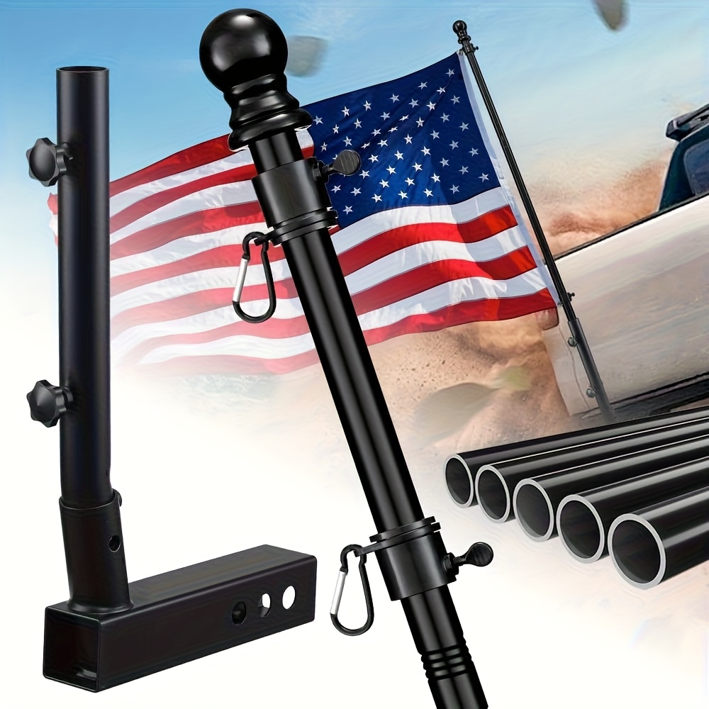 Truck Flag Pole Kit with Trailer Hitch Holder - 5/6ft Heavy Duty Tangle Free Flagpole for Trucks, Dual Angle Mount, Windproof Long Sleeve for Tow Truck, Pickup Car