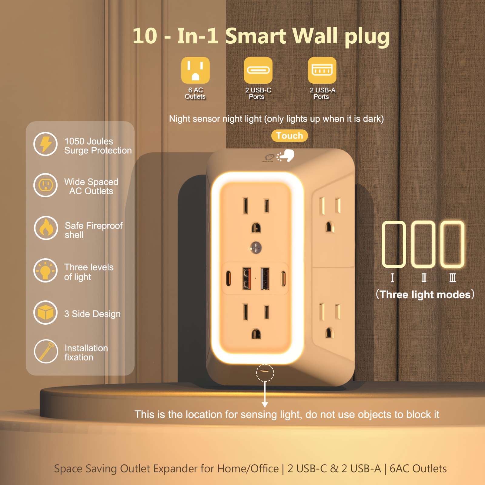 Multi Plug Outlet - 6 Wide AC Outlets and 4 USB Ports (2 Type-C), Surge Protection Extender with Night Light, US Plug, 3-Sided Design USB Wall Charger for Home Travel Office