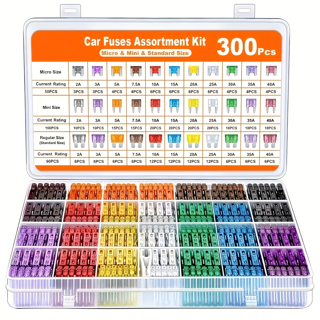 300pcs Car Fuse Kit, Including 160 Mini Fuses, 90 Standard Fuses, 50 Micro Fuses, 1 Removal Tool - Yard Firm Aluminum Alloy, Mixed Colors, Uncharged, Suitable for Cars, RVs, Trucks, Motorcycles 2A 3A 5A 7.5A 10A 15A 20A 25A 30A 35A 40A, Motorcycle Wiring
