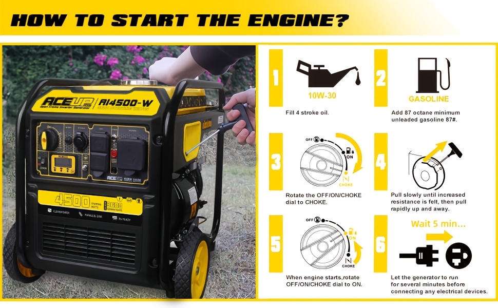 Aceup Energy 4500 Watt Gas-Powered Inverter Generator - 223cc 4- Portable Generator with, EPA Compliant RV/Camping/Home Backup Power, 4500/3600W Peak/Rated, Low Oil Alert & Parallel Ready (Gasoline Engine)