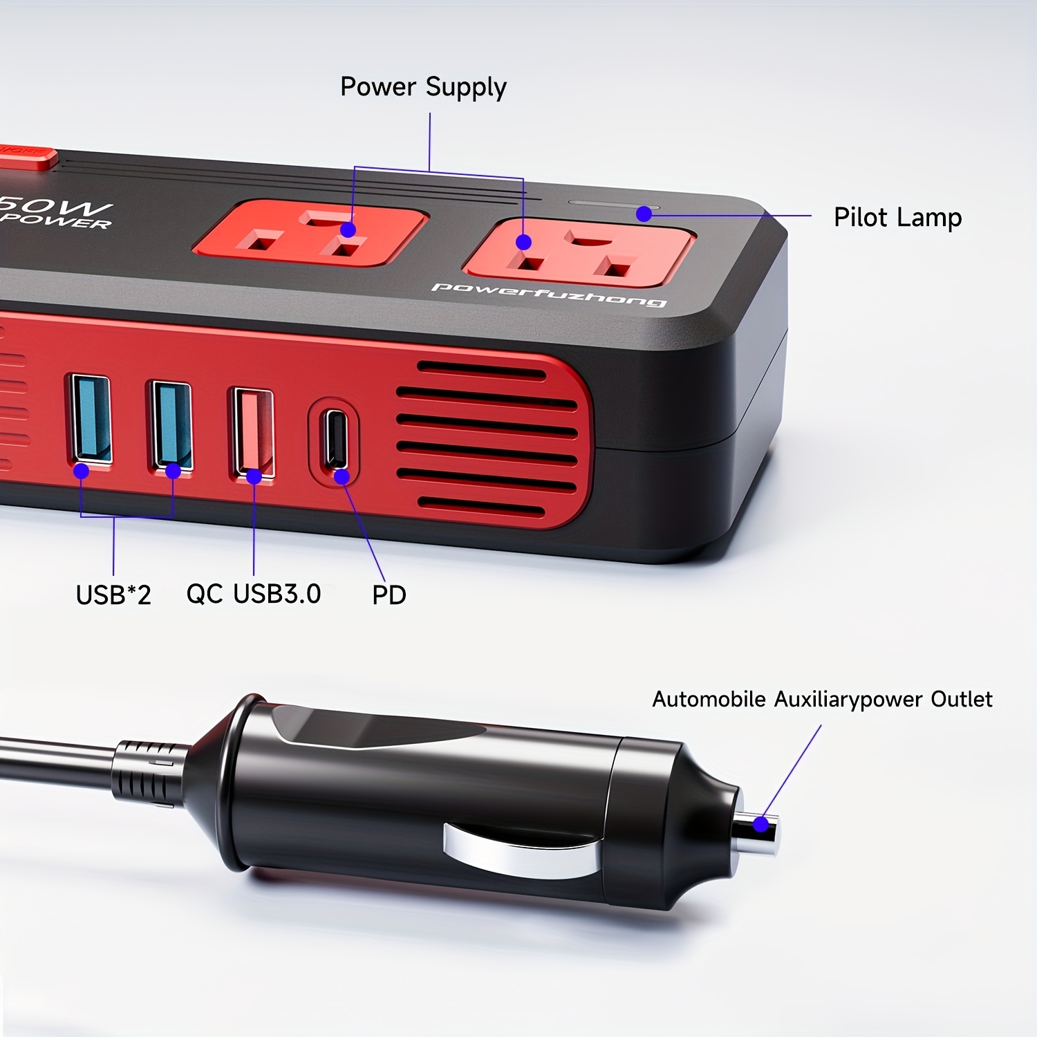 250W Heavy-Duty Power Inverter 12V DC to 110V AC with Overload & Overheat, & /AC Outlets - Compact Portable Inverter for , RV, Home Backup Power, Travel - Compatible with Smart Devices, Upgraded Model with Overload, 24V DC Input, Red & Black Design, Ideal for Camping & Emergency Use, Includes User Manual, Portable Power Inverter