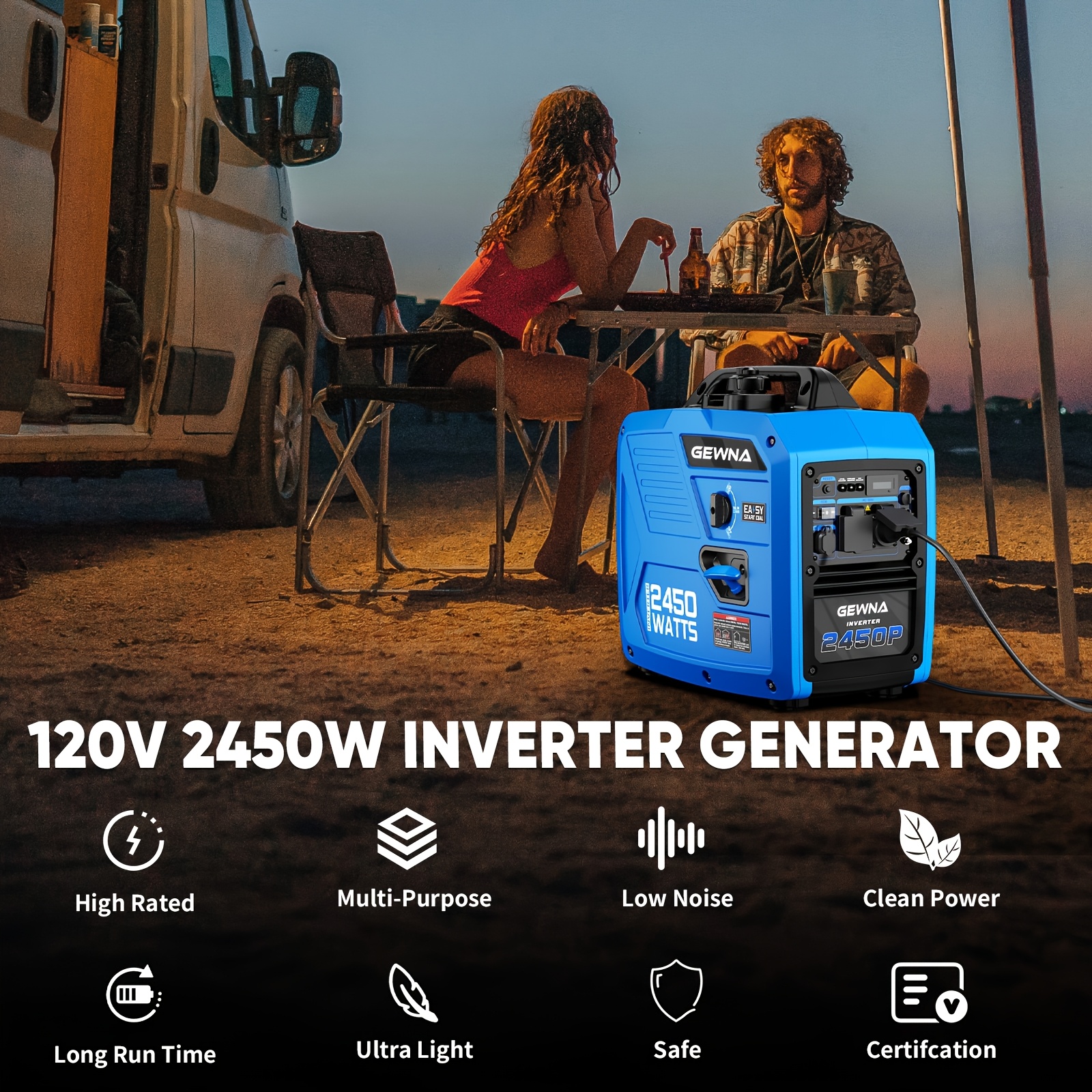 2450W Portable Inverter Generator for Home Use, Super Quiet Outdoor Generator for Camping Outdoor Emergency Power Backup, 1.6Gallon Large Fuel Tank Up to 8.3 Hours Use, EPA Compliant,  Lightweight Design, Easy Transport, Highperformance Engine, Backup Generator, Emergency Preparedness, Offgrid Living