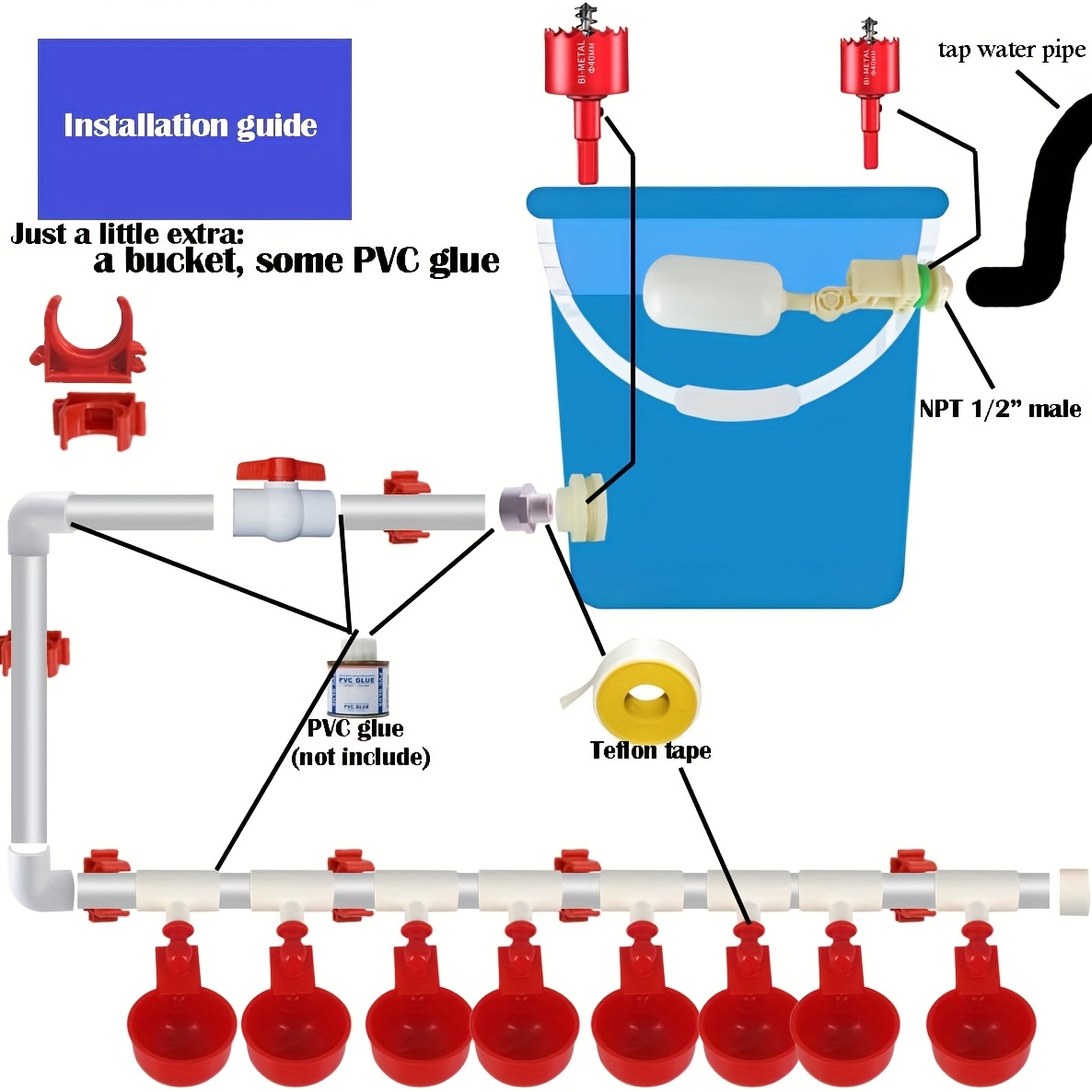 Automatic Chicken Water Cups, Chicken Water Feeder, Complete Set Pipeline Automatic Chicken Waterer System for Chick Duck Quail