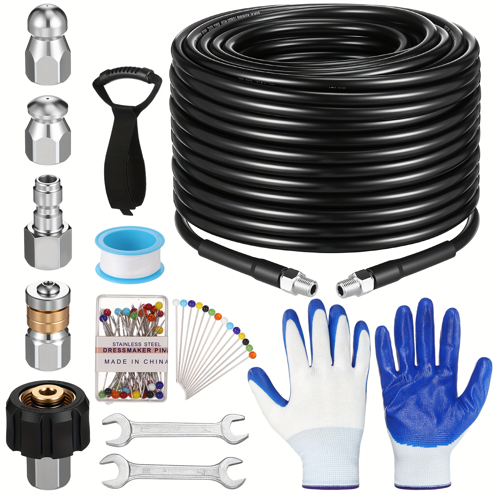 100ft Sewer Jetter Kit for Pressure Washer 5800psi Drain Cleaner Hose 1/4 Inch Npt Corner Rotating And Button Nose Sewer Jetting Nozzle Pearl Corsage Pin Waterproof Tape Glove Strap Spanner, Sewer Line Maintenance, Drain Cleaning Solution, Jet Nozzles Kit, Pressure Washer Accessory, Compact Jet Nozzles, Ergonomic Jetter Grip, Durable Plastic Construction, Waterproof Components