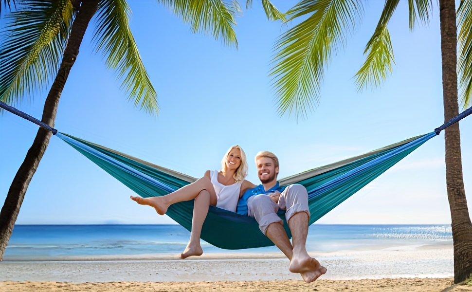 Extra Large Double Camping Hammock, 118.11inch x 78.74inch (118.11*78.74inch), Includes Two 78.74inch Tree Straps, Two D-Shaped Stainless Steel Hooks, and a Storage Bag with 8+1 Rings per Strap, Portable Hammock Made of 210T Nylon Material. Easy to Install, Suitable for Camping