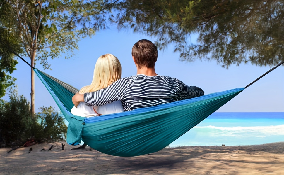 Extra Large Double Camping Hammock, 118.11inch x 78.74inch (118.11*78.74inch), Includes Two 78.74inch Tree Straps, Two D-Shaped Stainless Steel Hooks, and a Storage Bag with 8+1 Rings per Strap, Portable Hammock Made of 210T Nylon Material. Easy to Install, Suitable for Camping