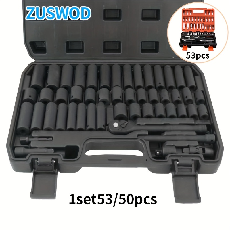 ALWORKKIT 50pcs Impact Socket Set with Yard Firm Ratchet Handle - 3/8" Drive, Metric & SAE Sizes (8-22mm), CR-V Steel, Includes Adapters - Perfect for Boat Enthusiasts and Mechanics - Ideal Gift for Father'S Day