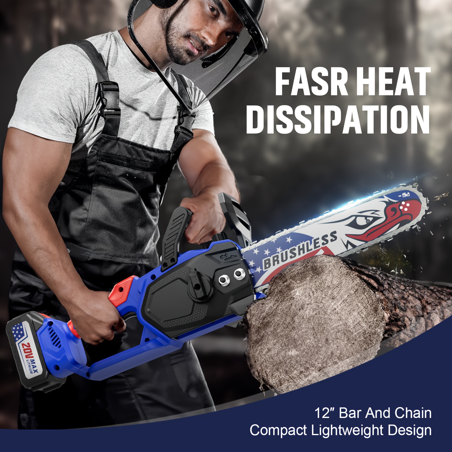 12-Inch Cordless Chainsaw with 20V Brushless Motor & 2x4.0Ah Batteries - Yard Firm Lightweight Handheld Saw for Wood Cutting, Branch Pruning, Gardening - Fast Charger & Safety Lock - Perfect Father's Day/Christmas Gifts for Men/Dad, Wood Cutting Tools, Patriotic Tool Design, Sturdy Metal Construction, DIY Woodworking, Compact Design, Highperformance Motor, Home Gardeners, Best for Christmas - Image 4