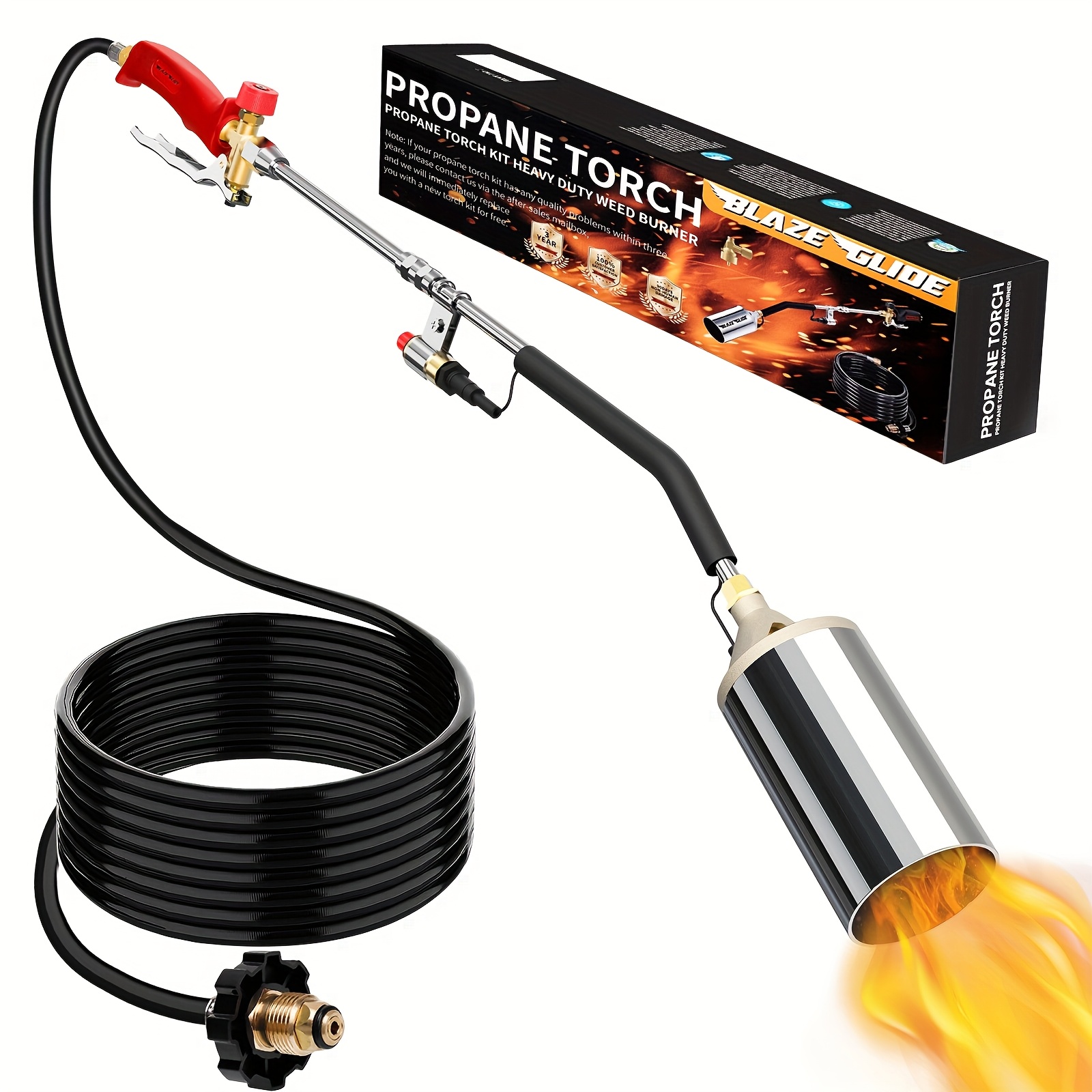 Propane Blowtorch Burner Weeding Blowtorch High Fire Output With 10ft Hose, Yard Firm Blowtorch With 1lb Propane Cylinder Converter, Flame Thrower With Turbine Trigger For Flame Weeding Garden Wood Melting Ice And Snow (Gas Tank And Fuel Not Included)