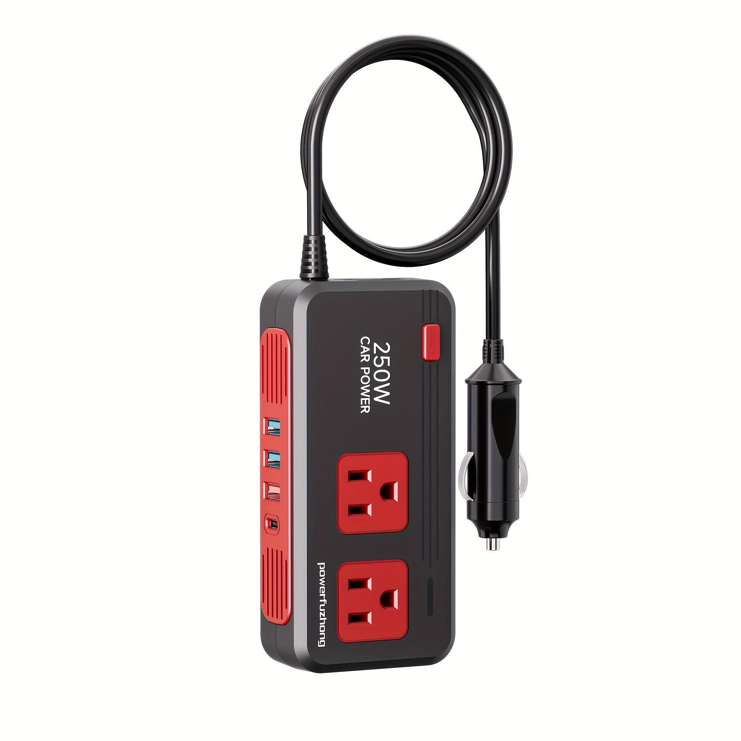 250W Heavy-Duty Power Inverter 12V DC to 110V AC with Overload & Overheat, & /AC Outlets - Yard Firm Compact Portable Inverter for , RV, Home Backup Power, Travel - Compatible with Smart Devices, Upgraded Model with Overload, 24V DC Input, Red & Black Design, Ideal for Camping & Emergency Use, Includes User Manual, Portable Power Inverter