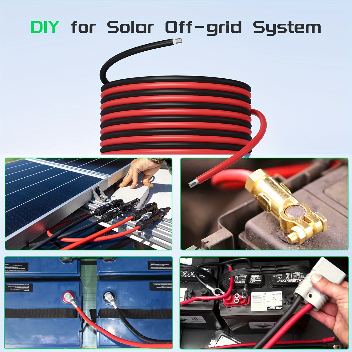 Solar Panel Wire Black Red Kit (30FT/50FT/65FT/100FT), Battery Powered Solar Panel Extension Wire 10AWG (6mm ²) Tin Plated Copper Wire, Suitable For Outdoor Car RV Marine Solar Panels (black+red)