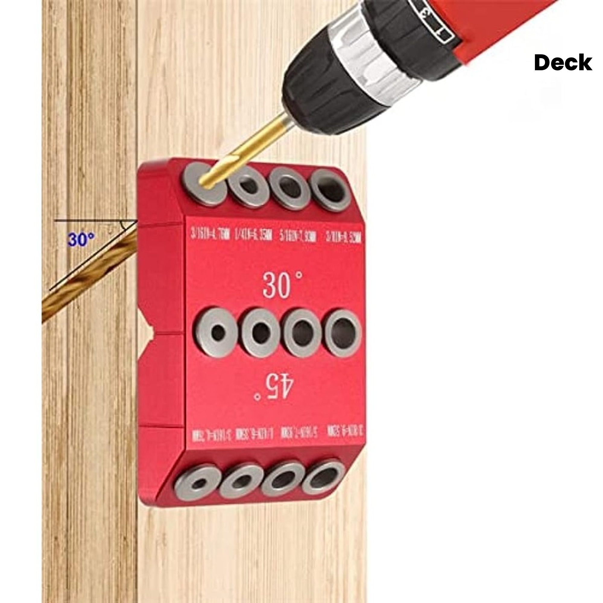 30/45/90 Degree Metal Drill Guide Jig, Red Aluminum Angled Drill Kit for Wood Post, Lag Screw, Railing, Deck, Stair Handrail, Durable All-Metal Construction
