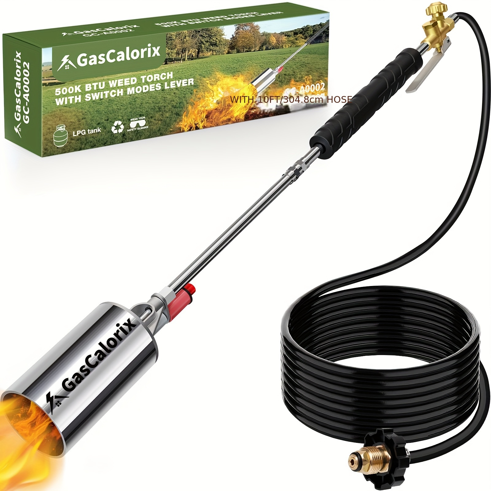Propane Blowtorch Burner Weeding Blowtorch High Fire Output With 10ft Hose, Blowtorch With 1lb Propane Cylinder Converter, Flame Thrower With Turbine Trigger For Flame Weeding Garden Wood Melting Ice And Snow (Gas Tank And Fuel Not Included)
