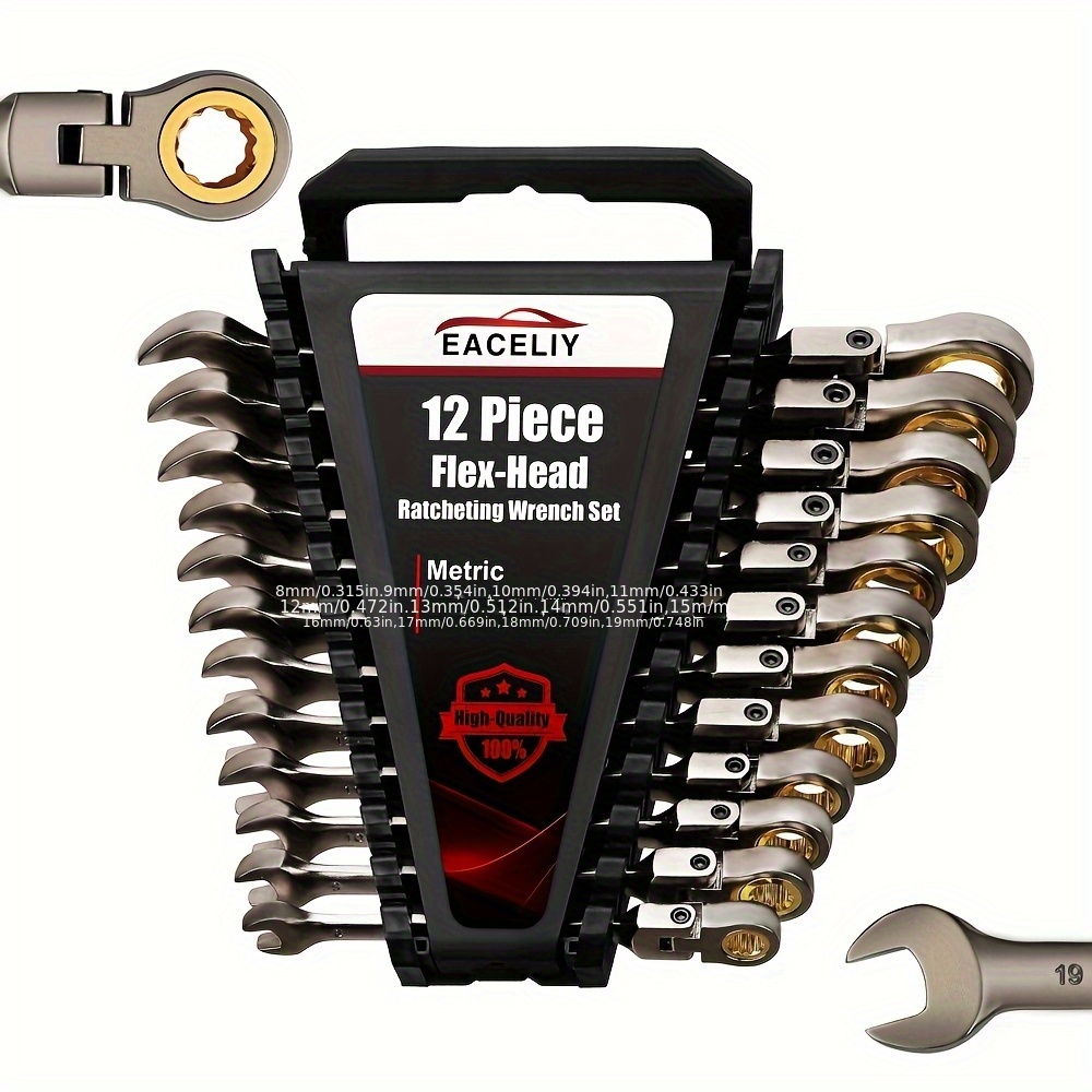 12pcs 180° Metric Flex-Head Ratcheting Wrench Set, Yard Firm Ratchet Combination Master Speed Wrenches, 72-Teeth, 8-19mm, CR-V Steel, with Rack Tray Organizer