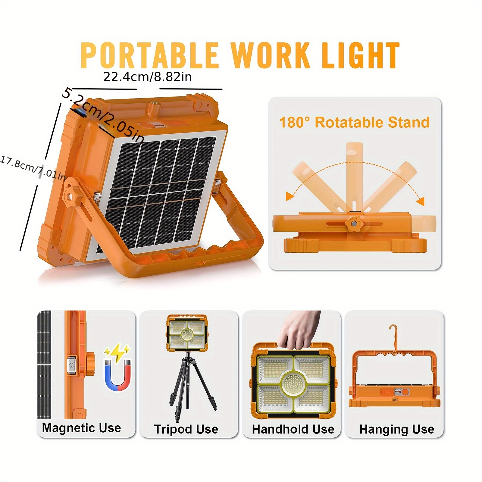 12000mAh Solar-Powered LED Work Light with 466 LED 10000LM Bright Light, 5-in-1 Power Bank, /DC//Off & Mode Switch, Over-Voltage/Over-Heat/Over-Current/Over-Temp, Portable Outdoor Lighting for Camping, Emergency, Construction, Workshop - Heavy-Duty Commercial/Residential Use, Orange & Black, -C Fast Charging, Solar Charging System Included, Solar Charger With Power Bank And Cor, Solar Light, Solar Sensor Light, Solar Panel Light, Solar Wall Light